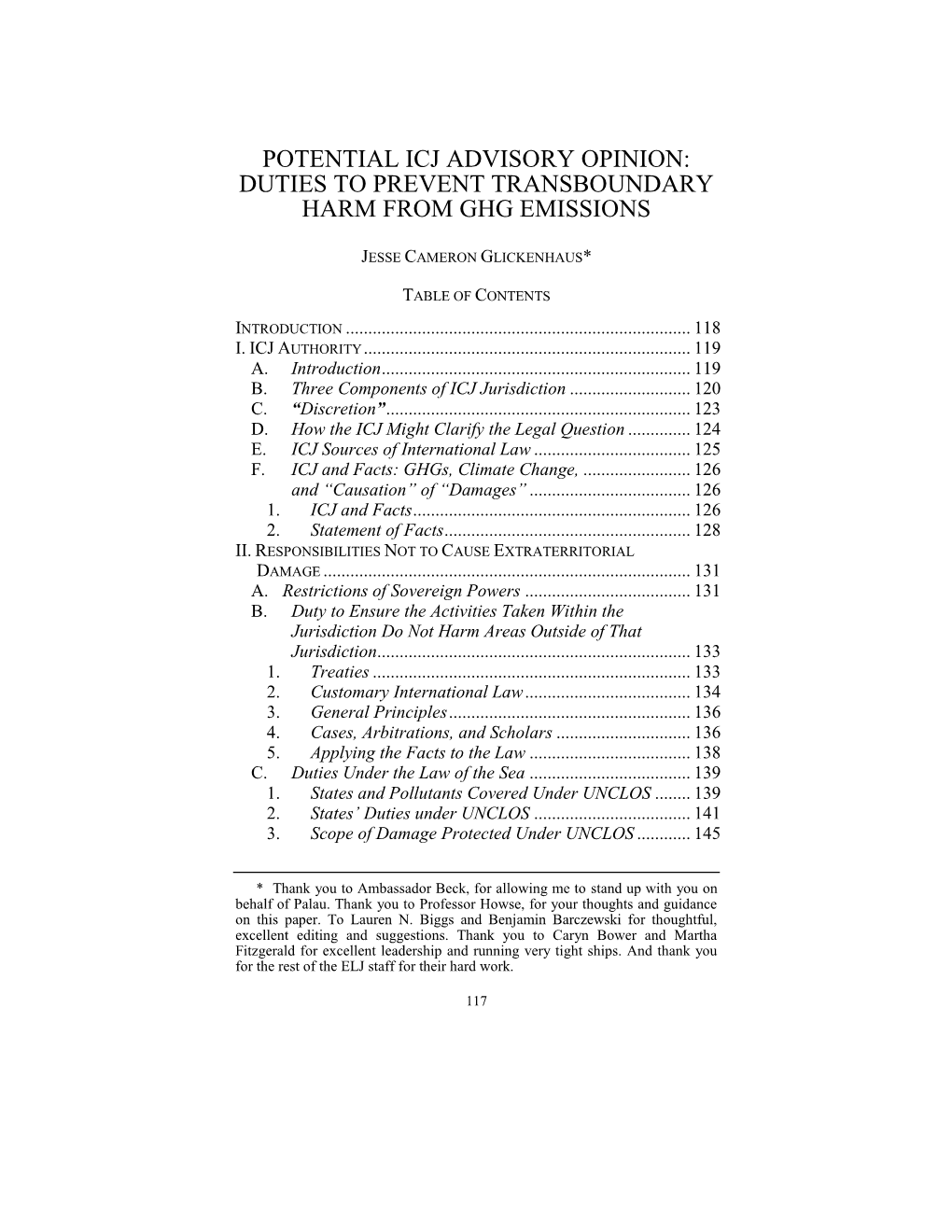 Potential Icj Advisory Opinion: Duties to Prevent Transboundary Harm from Ghg Emissions