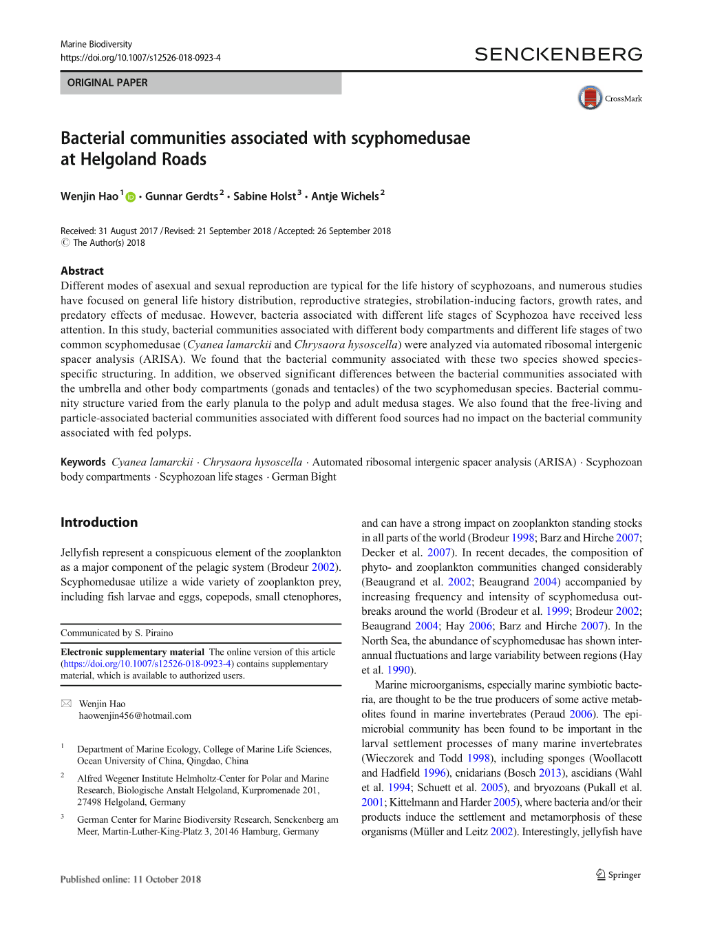 Bacterial Communities Associated with Scyphomedusae at Helgoland Roads