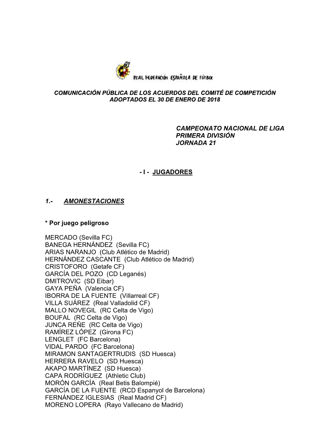 Acuerdos | Comité De Competición | Primera División | Jornada 21