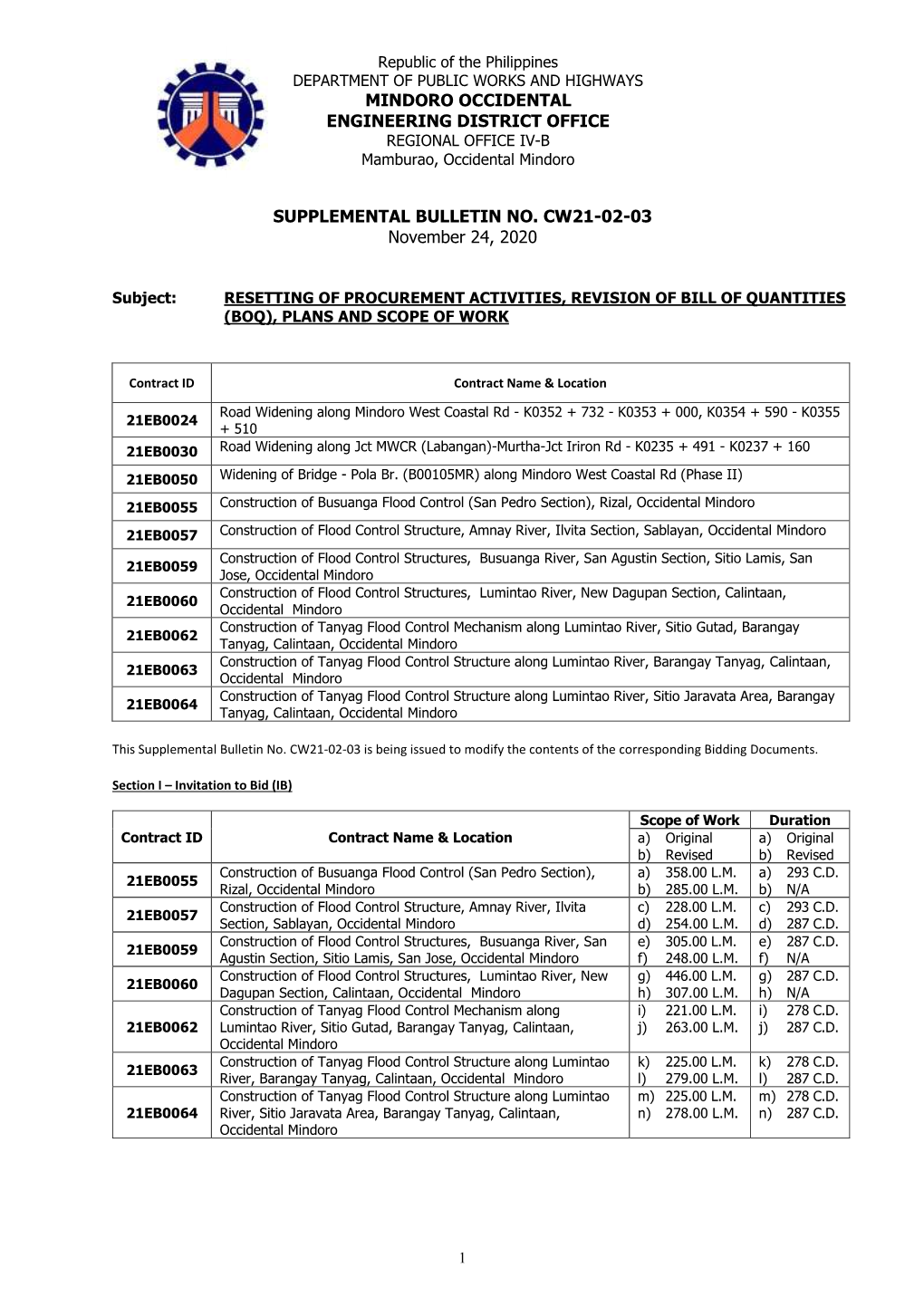 MINDORO OCCIDENTAL ENGINEERING DISTRICT OFFICE REGIONAL OFFICE IV-B Mamburao, Occidental Mindoro