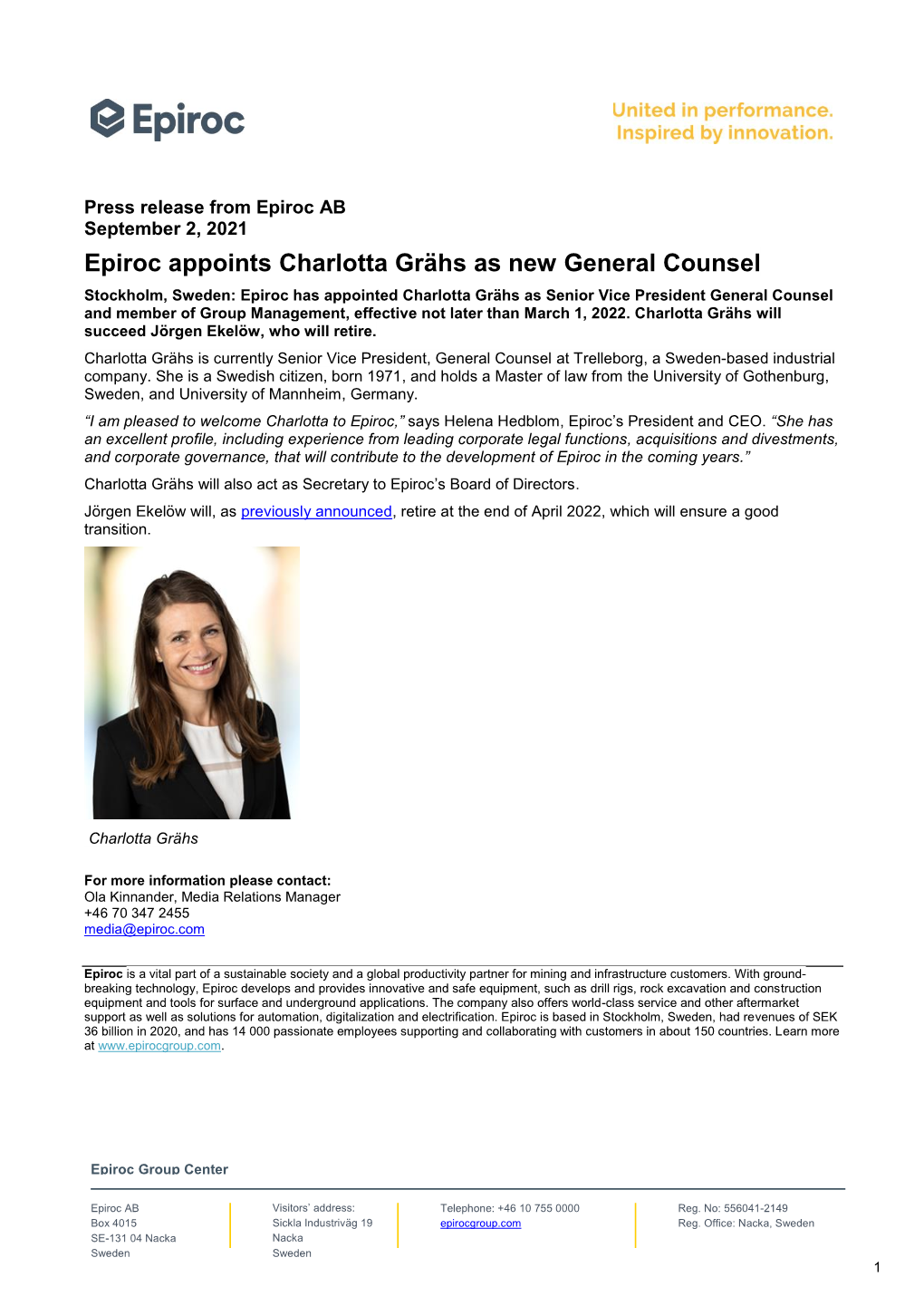 Epiroc Appoints Charlotta Grähs As New General Counsel