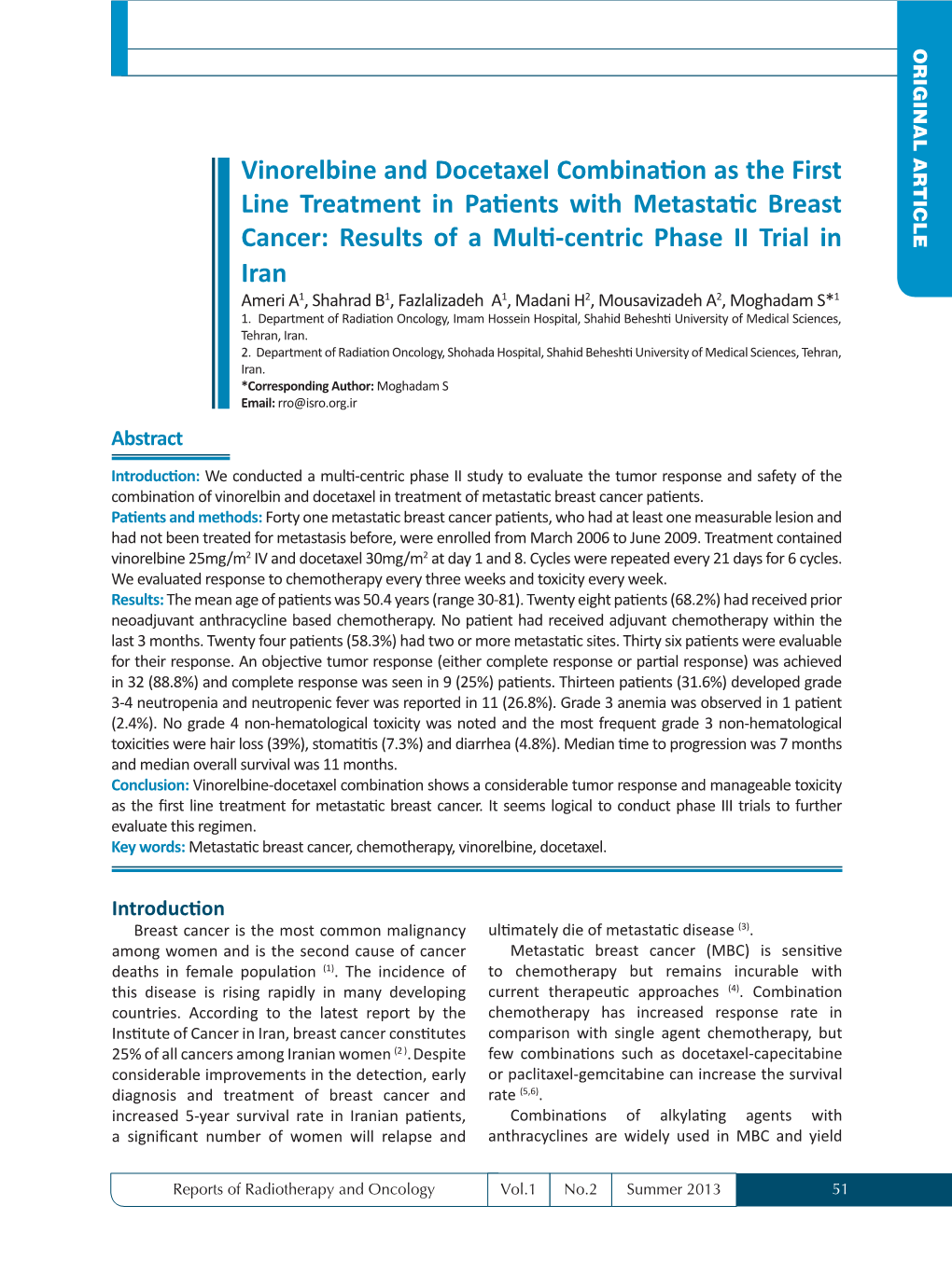 Vinorelbine and Docetaxel Combination As the First Line Treatment in Patients with Metastatic Breast Cancer: Results of a Multi