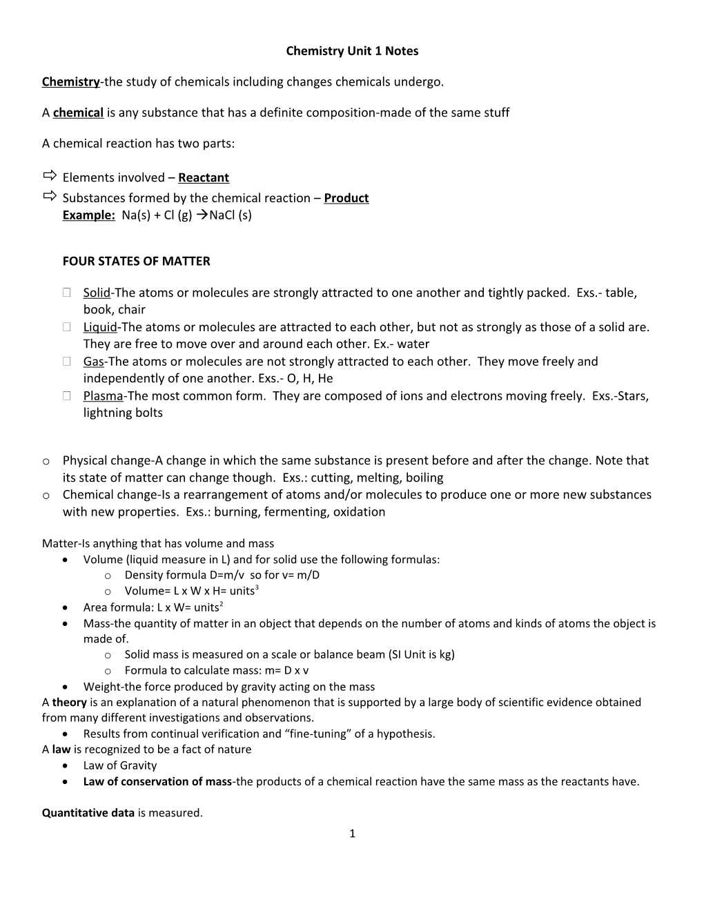 Chemistry Unit 1 Notes