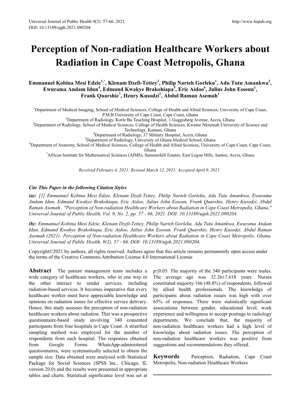 Perception of Non-Radiation Healthcare Workers About Radiation in Cape Coast Metropolis, Ghana