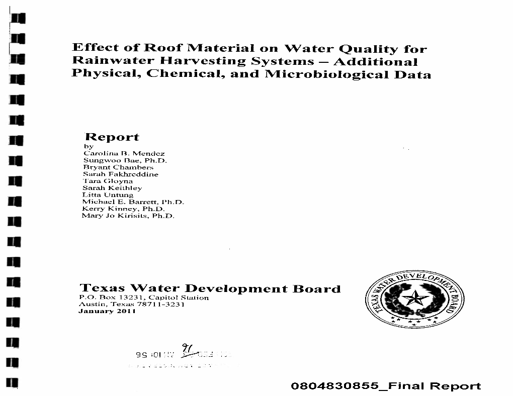 Effect of Roof Material on Water Quality for Rainwater Harvesting Systems – Additional Physical, Chemical, and Microbiological Data