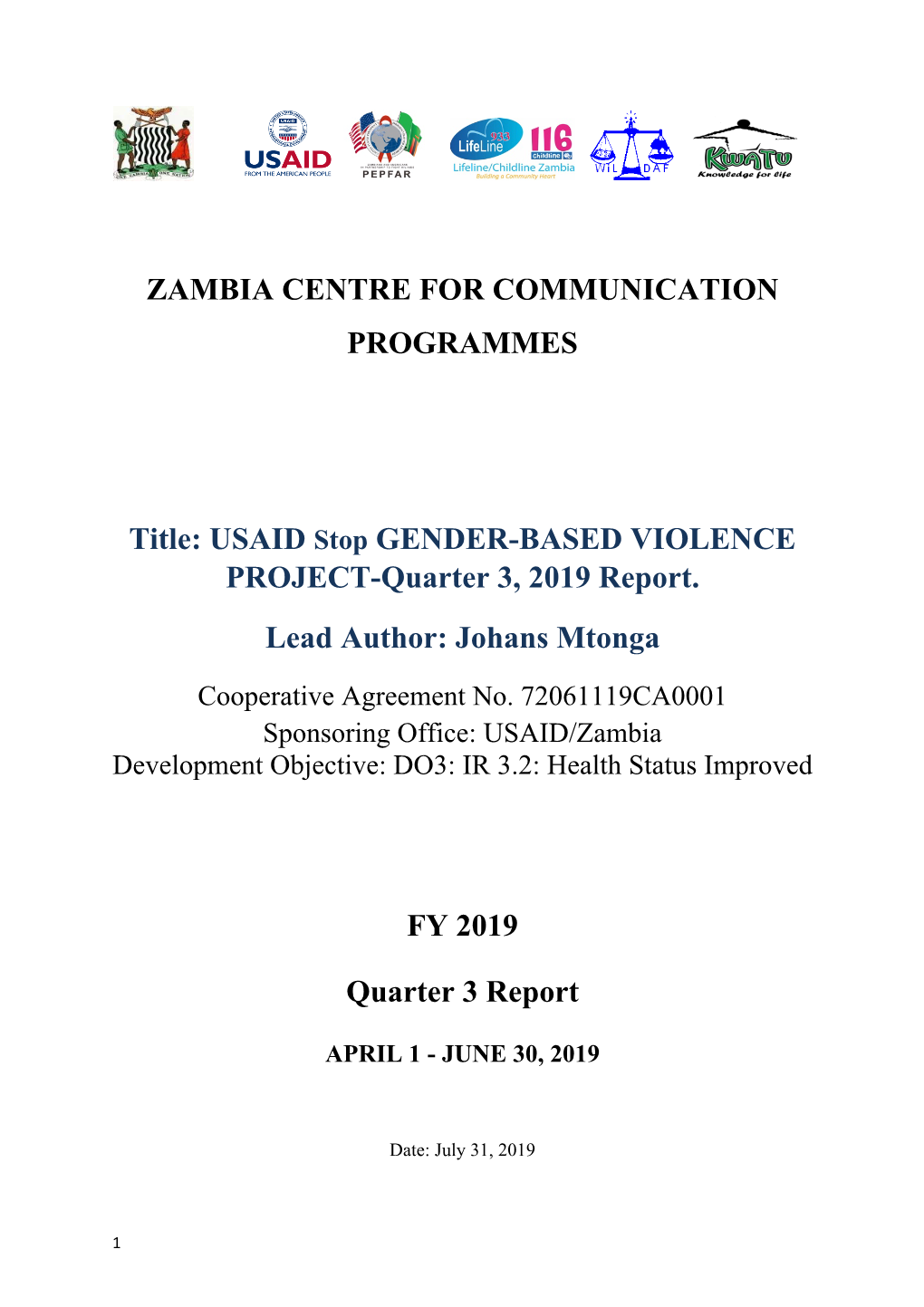 Title: USAID Stop GENDER-BASED VIOLENCE PROJECT-Quarter 3, 2019 Report