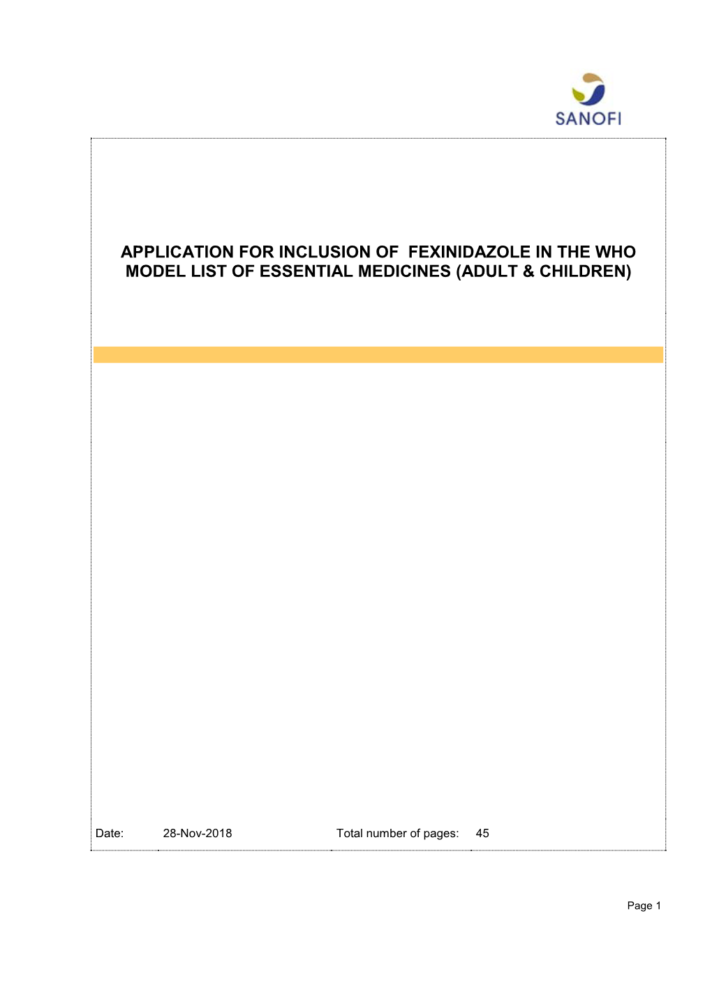 Application for Inclusion of Fexinidazole in the Who Model List of Essential Medicines (Adult & Children)