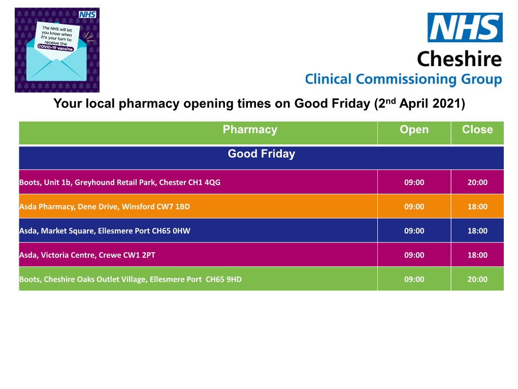 Your Local Pharmacy Opening Times on Good Friday (2Nd April 2021)