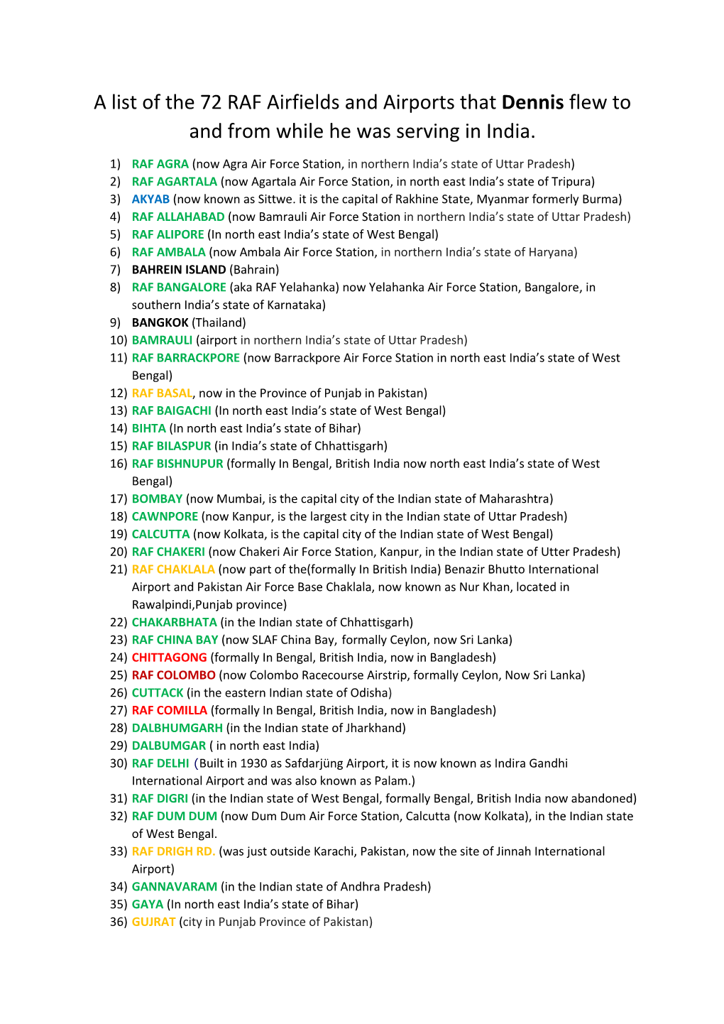 A List of the 72 RAF Airfields and Airports That Dennis Flew to and from While He Was Serving in India