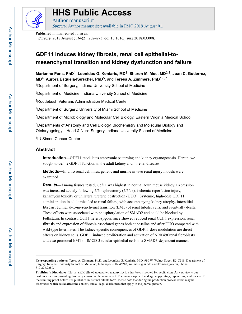 GDF11 Induces Kidney Fibrosis, Renal Cell Epithelial-To-Mesenchymal