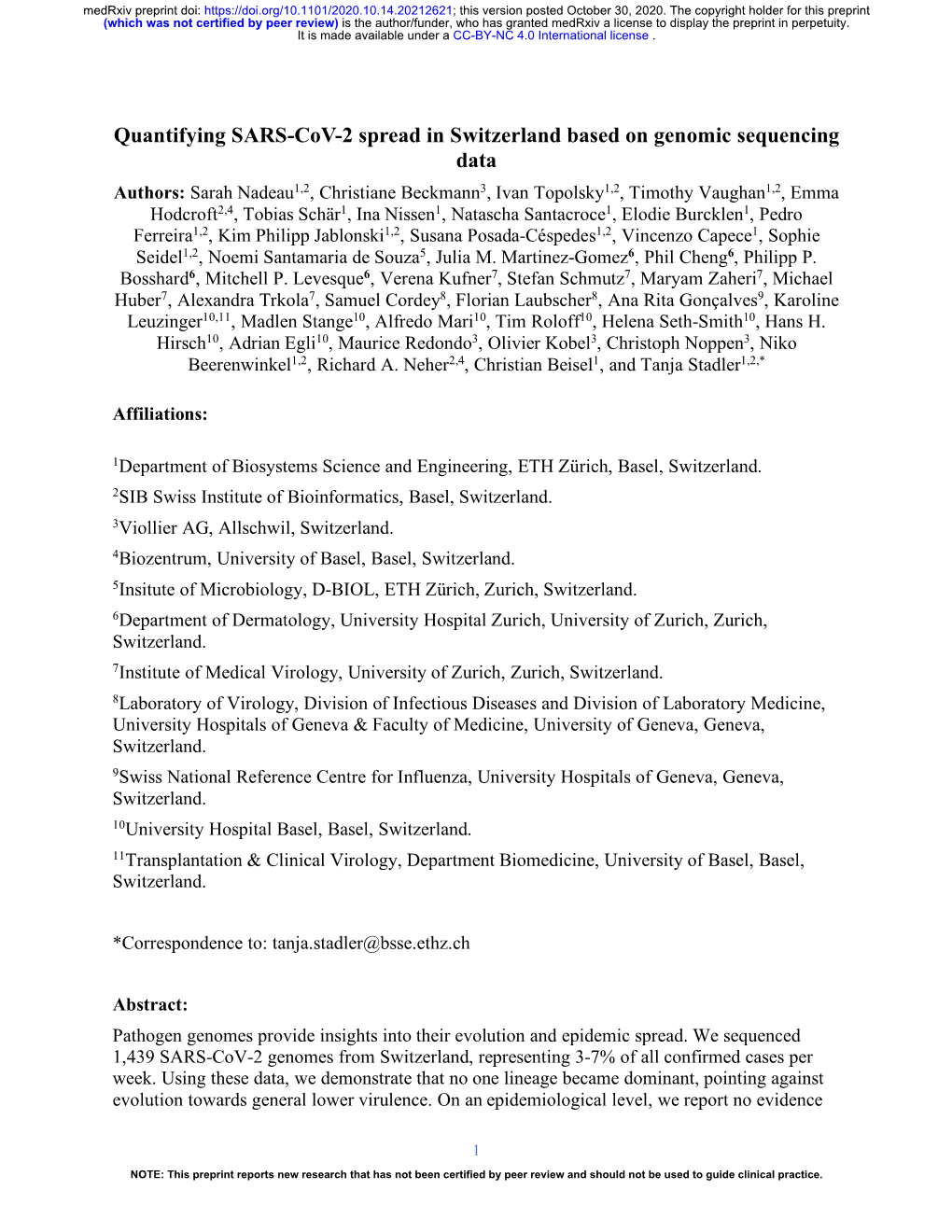 Quantifying SARS-Cov-2 Spread in Switzerland Based on Genomic Sequencing Data