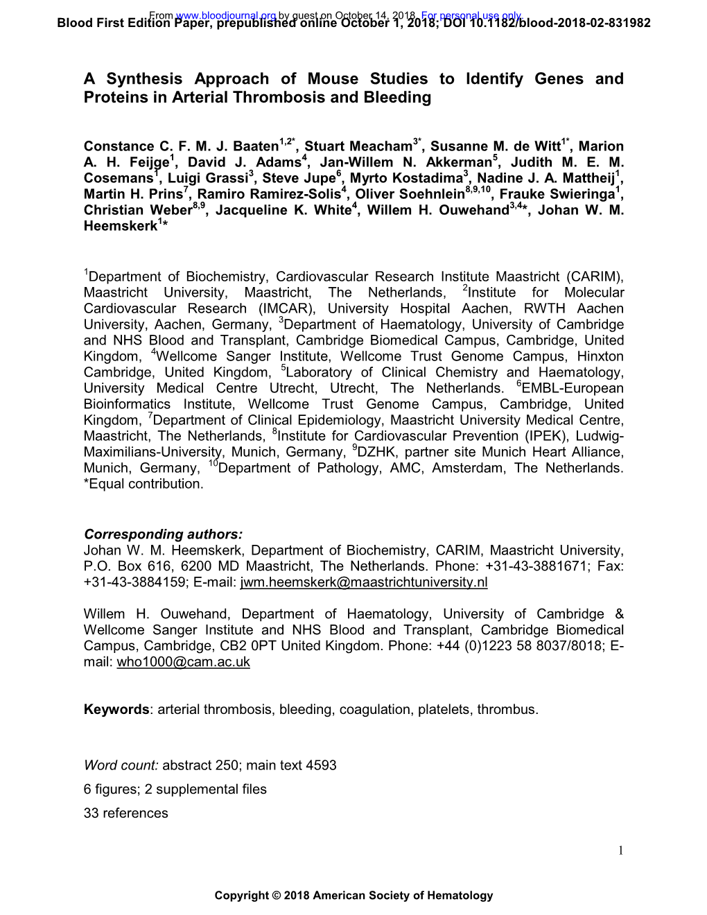 A Synthesis Approach of Mouse Studies to Identify Genes and Proteins in Arterial Thrombosis and Bleeding