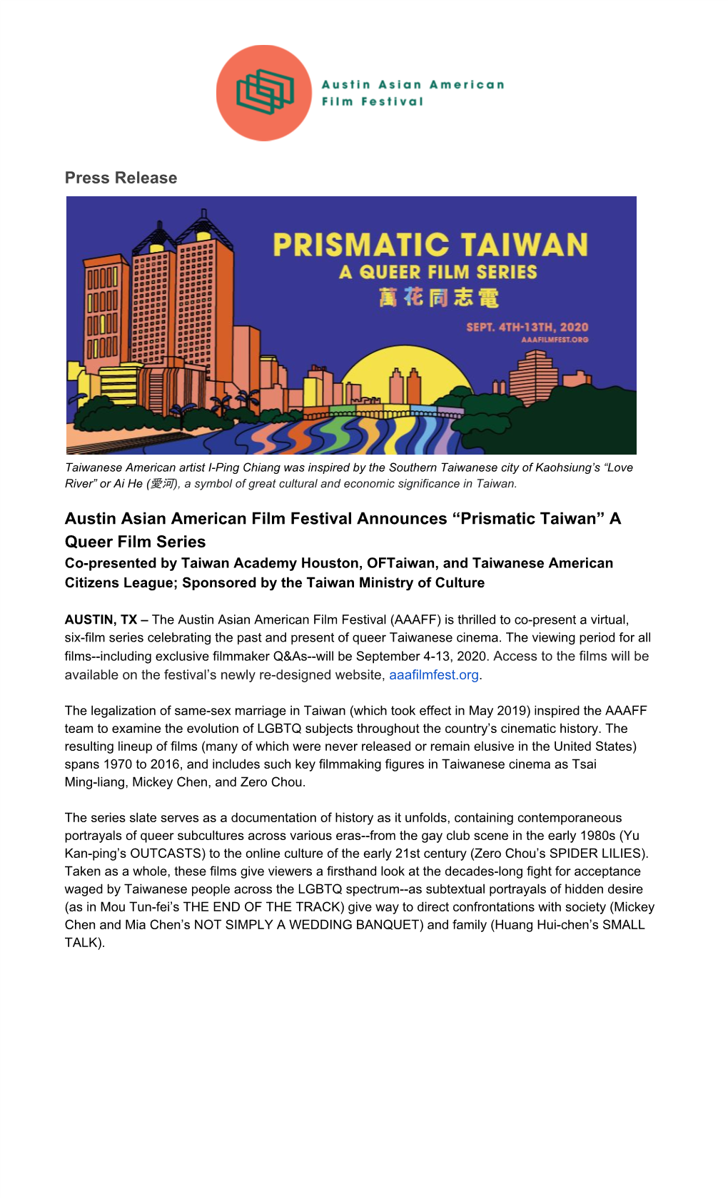 Press Release Austin Asian American Film Festival Announces “Prismatic Taiwan” a Queer Film Series