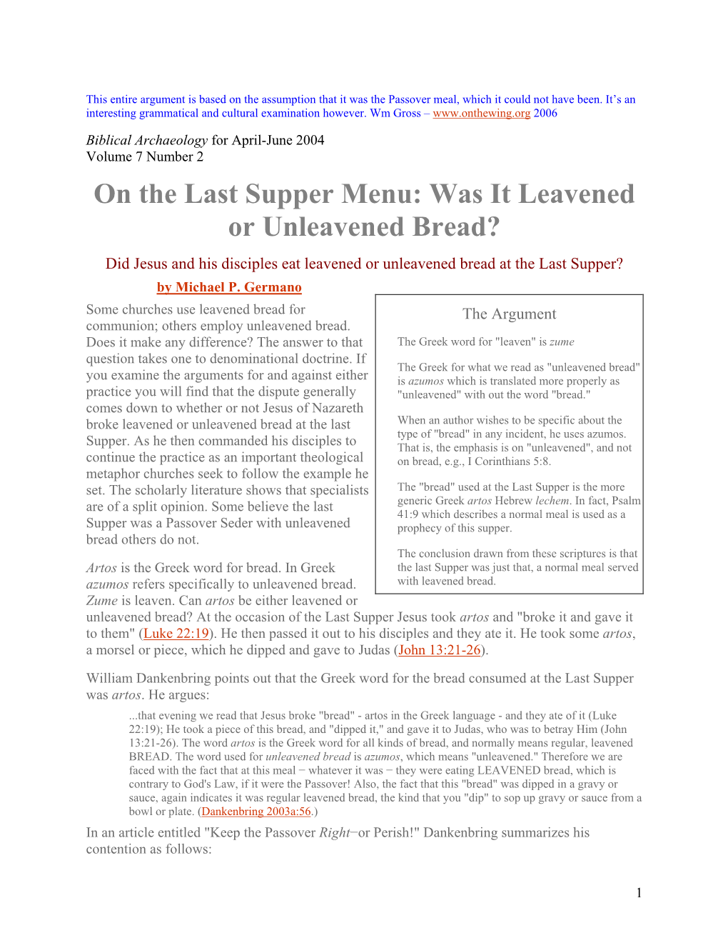 Unleavened Bread at Last Supper