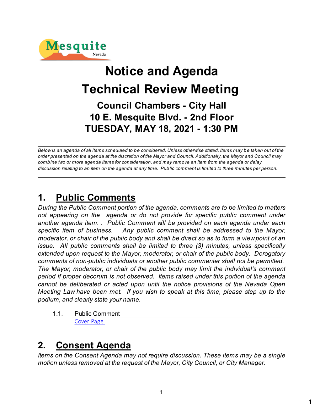 Notice and Agenda Technical Review Meeting Council Chambers - City Hall 10 E
