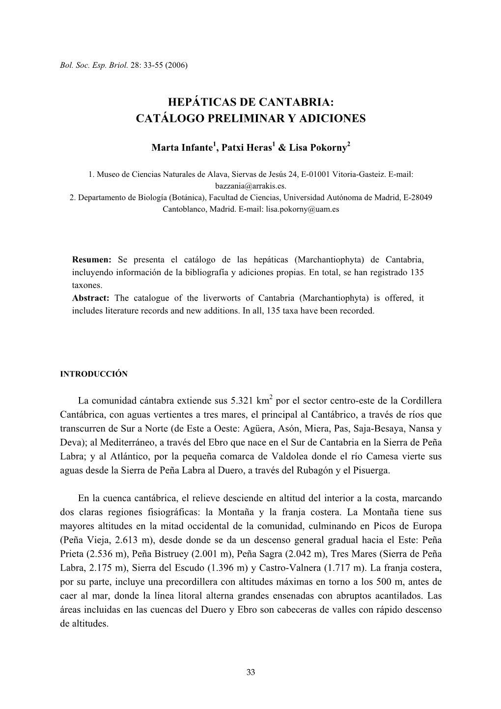 Hepáticas De Cantabria: Catálogo Preliminar Y Adiciones