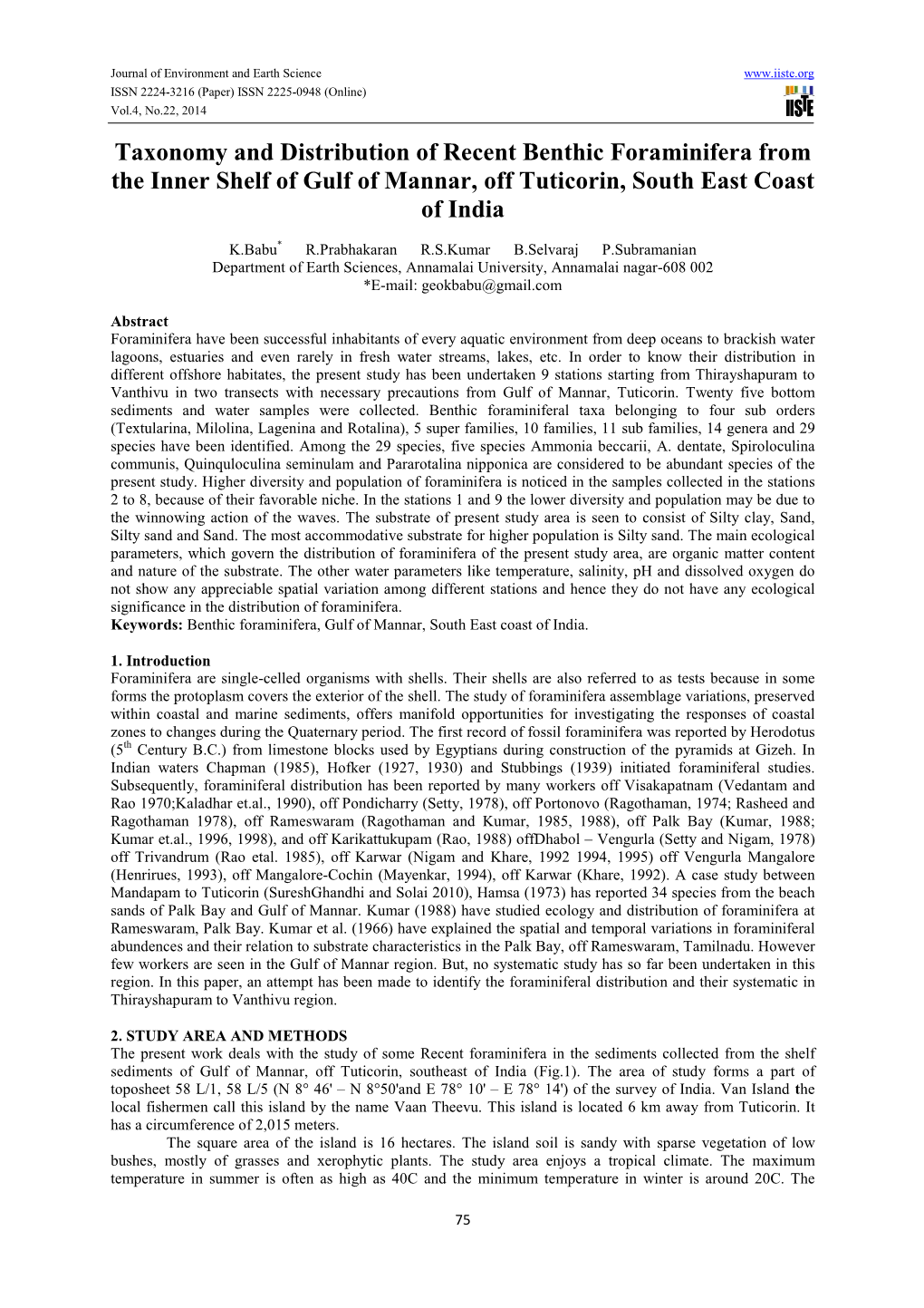 Taxonomy and Distribution of Recent Benthic Foraminifera from the Inner Shelf of Gulf of Mannar, Off Tuticorin, South East Coast of India