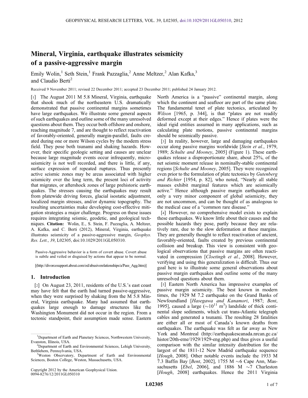 Mineral, Virginia, Earthquake Illustrates Seismicity of a Passive