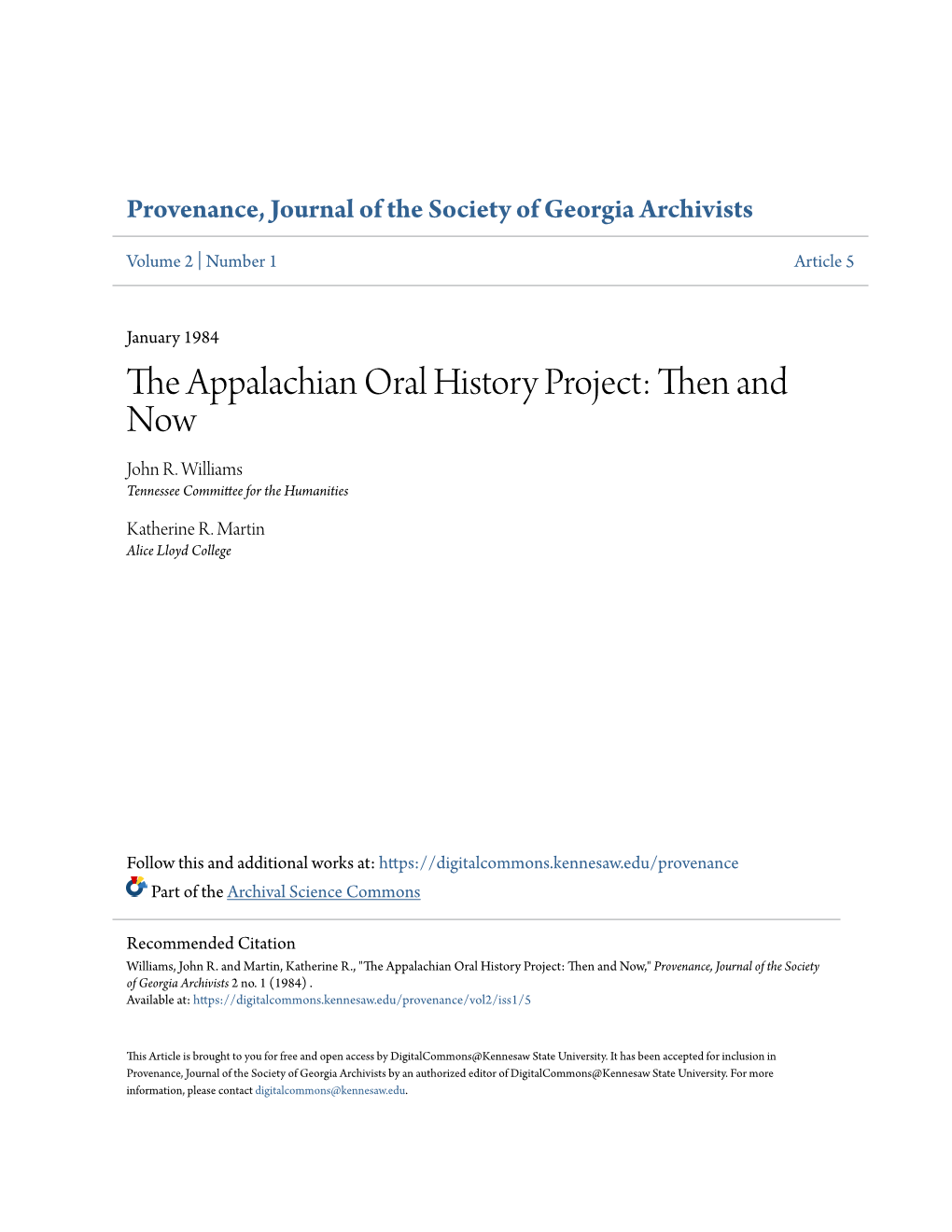 The Appalachian Oral History Project: Then and Now John R