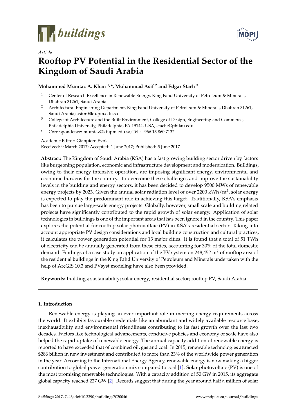 Rooftop PV Potential in the Residential Sector of the Kingdom of Saudi Arabia