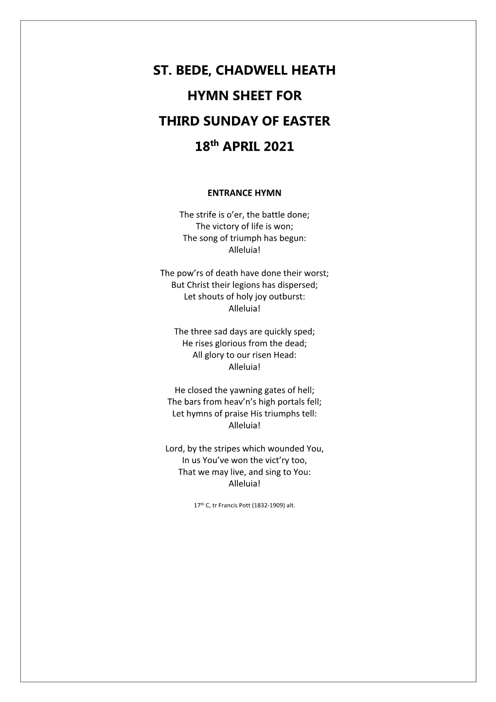 ST. BEDE, CHADWELL HEATH HYMN SHEET for THIRD SUNDAY of EASTER 18Th APRIL 2021