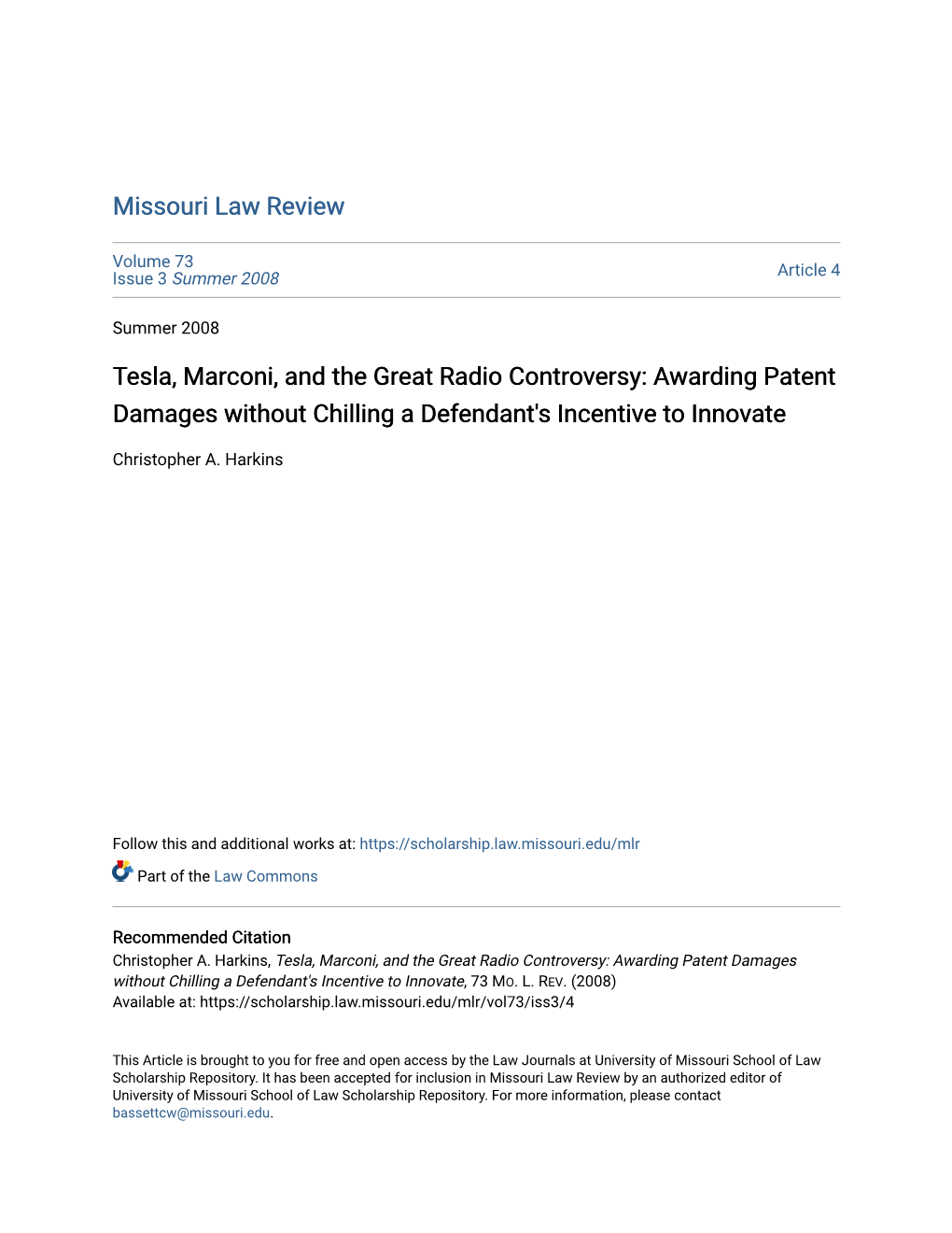 Tesla, Marconi, and the Great Radio Controversy: Awarding Patent Damages Without Chilling a Defendant's Incentive to Innovate