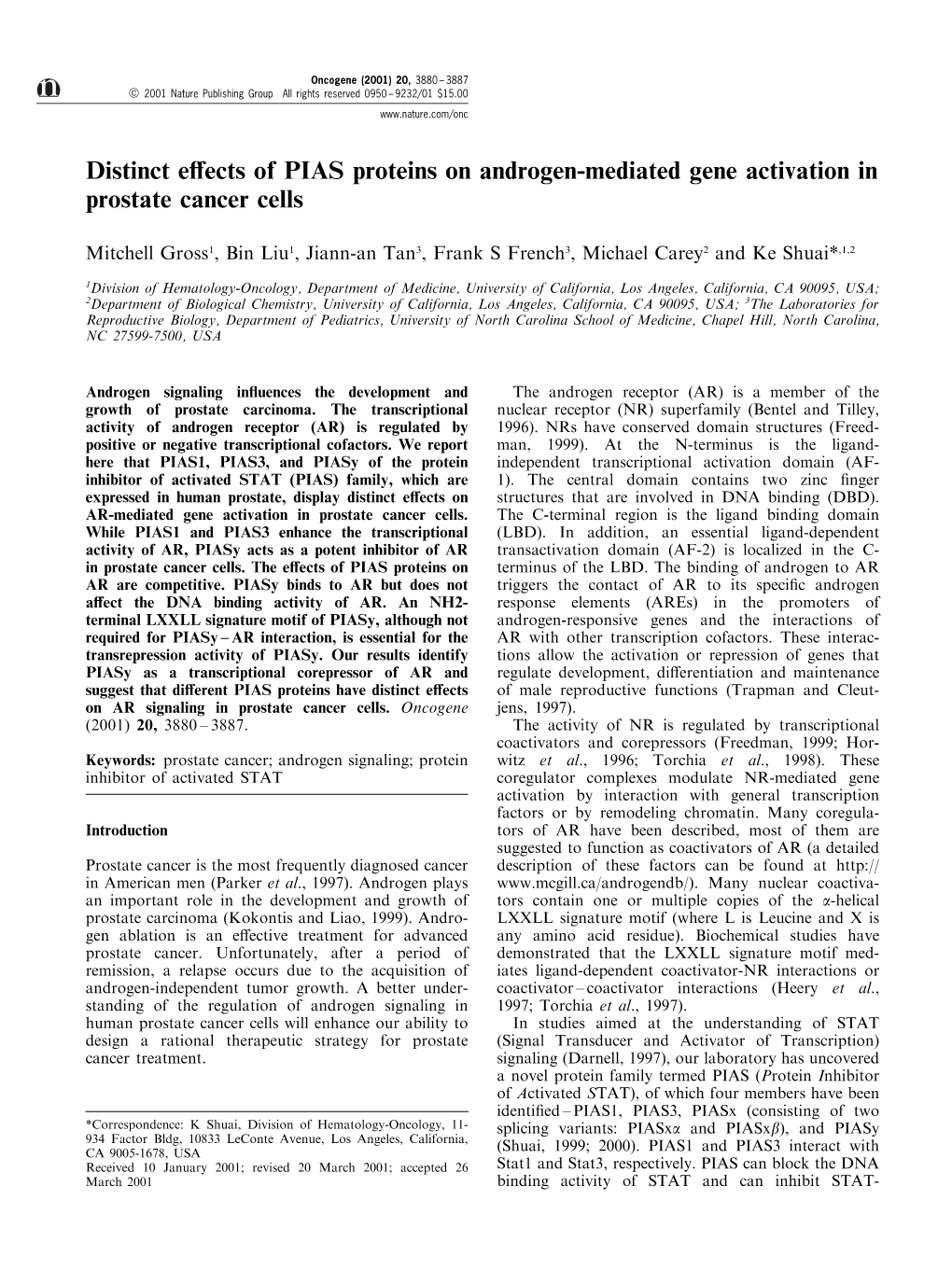 Distinct E€Ects of PIAS Proteins on Androgen-Mediated Gene Activation