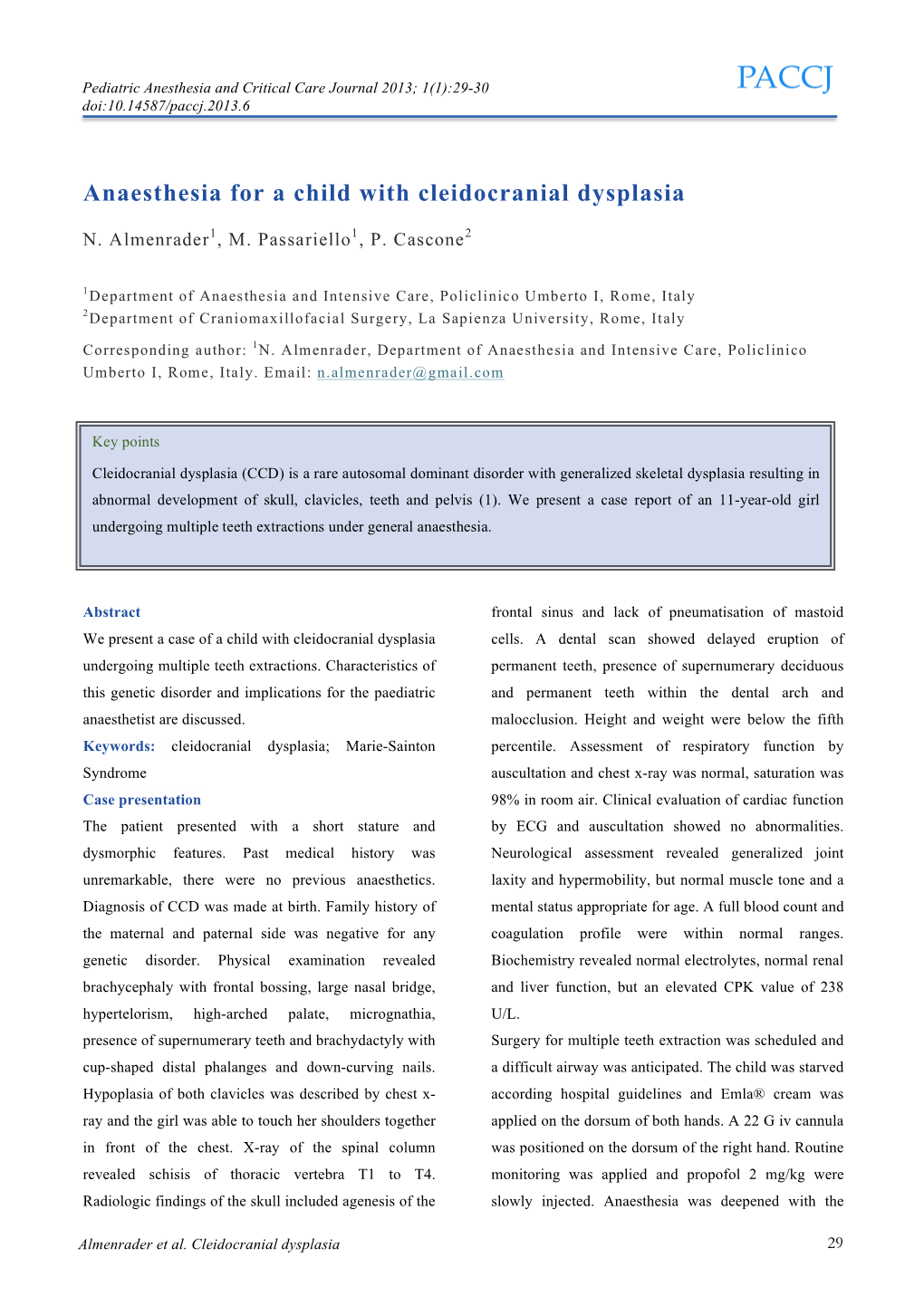 Anaesthesia for a Child with Cleidocranial Dysplasia