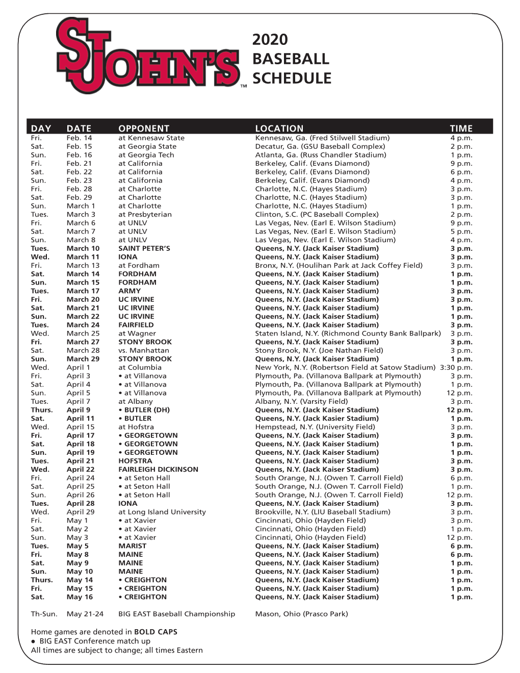 2020 Baseball Schedule