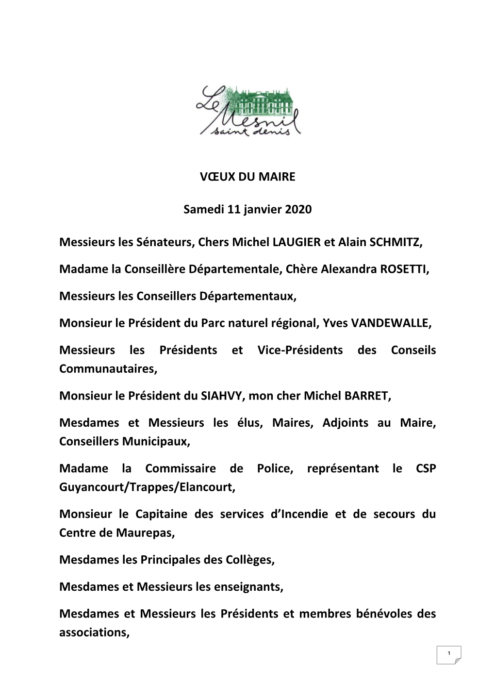 VŒUX DU MAIRE Samedi 11 Janvier 2020 Messieurs Les Sénateurs