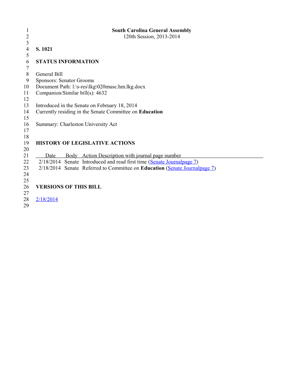 2013-2014 Bill 1021: Charleston University Act - South Carolina Legislature Online