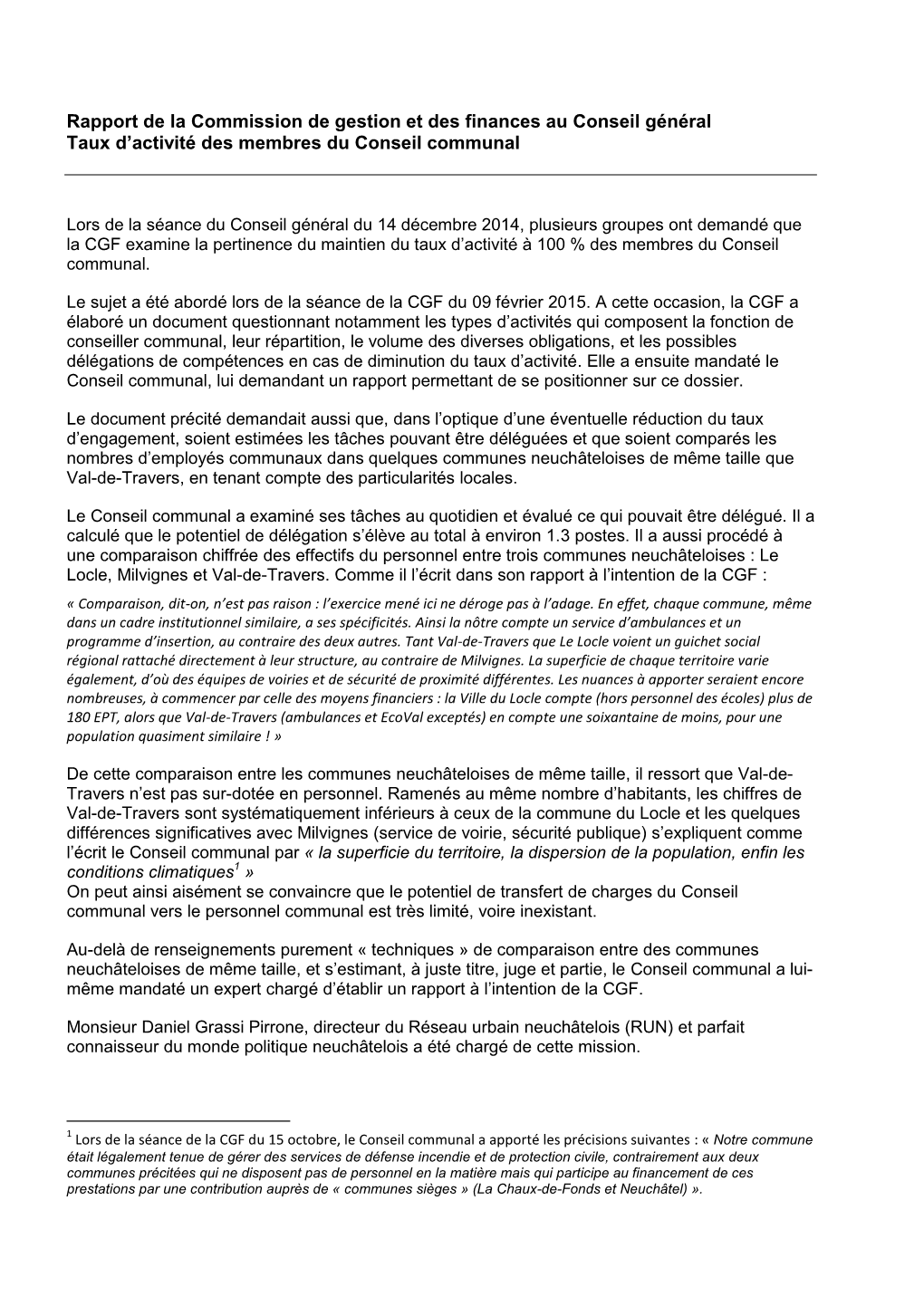 Rapport De La Commission De Gestion Et Des Finances Au Conseil Général Taux D'activité Des Membres Du Conseil Communal