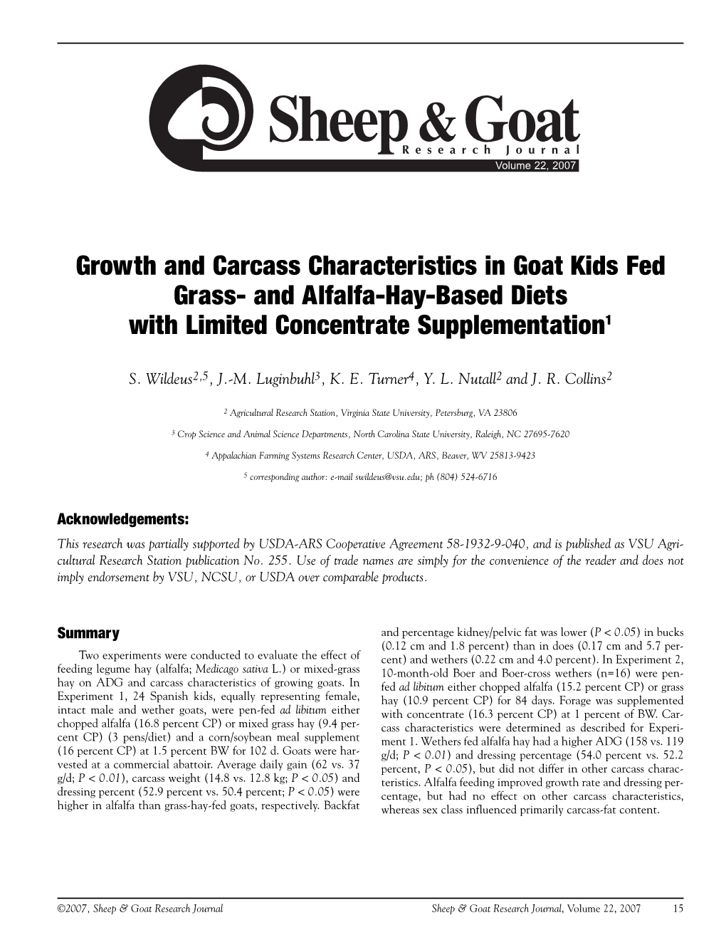 Growth and Carcass Characteristics in Goat Kids Fed Grass- and Alfalfa-Hay-Based Diets with Limited Concentrate Supplementation1