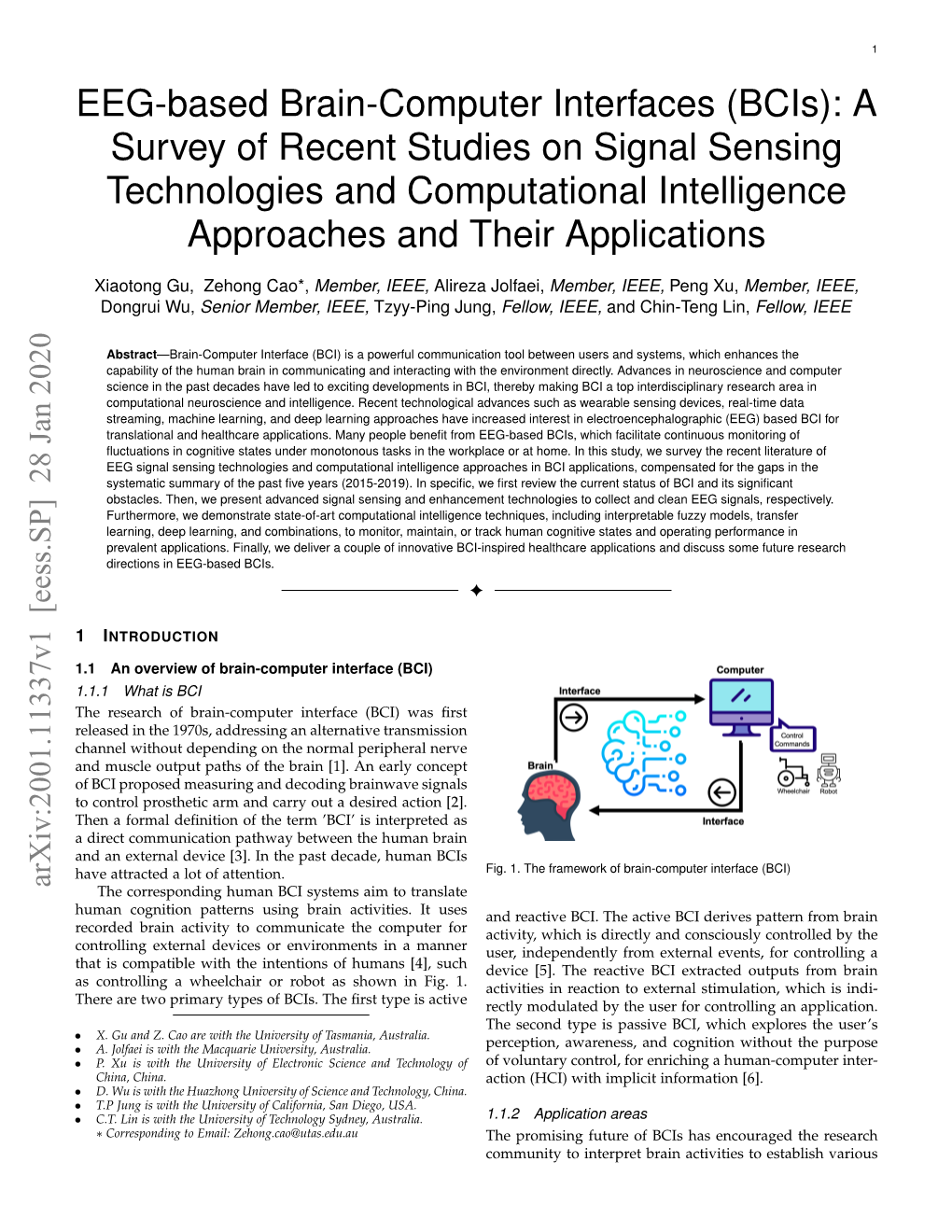 EEG-Based Brain-Computer Interfaces (Bcis): a Survey of Recent Studies on Signal Sensing Technologies and Computational Intelligence Approaches and Their Applications