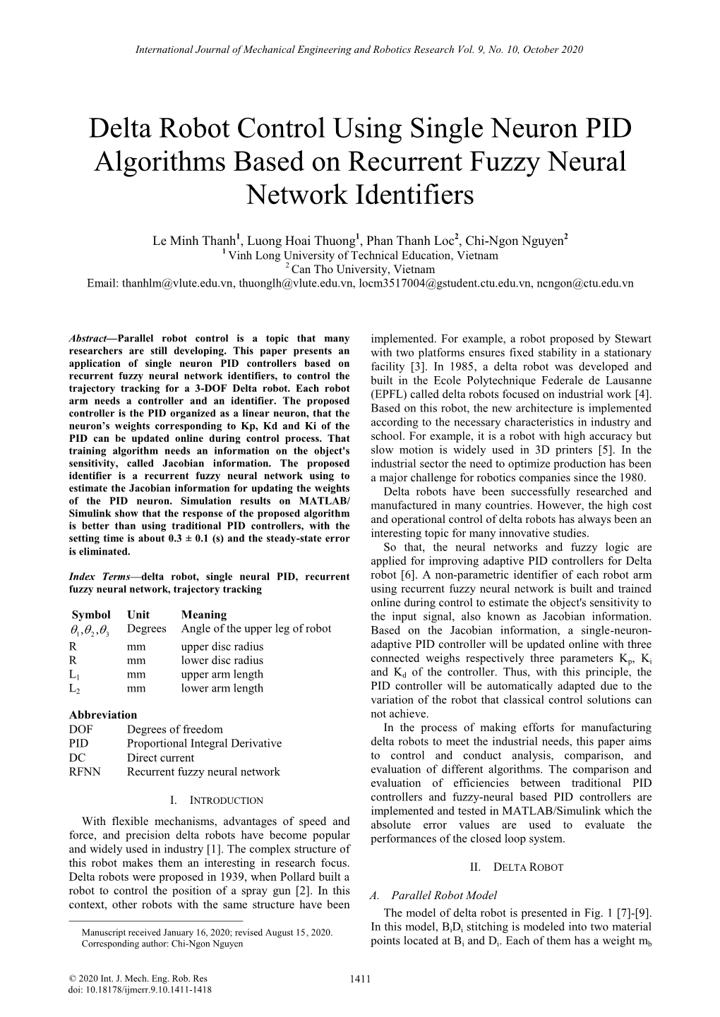 Delta Robot Control Using Single Neuron PID Algorithms Based on Recurrent Fuzzy Neural Network Identifiers