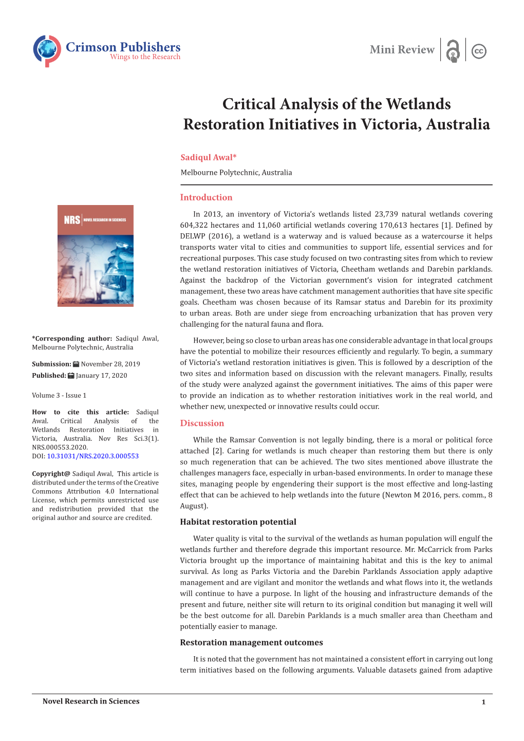 Critical Analysis of the Wetlands Restoration Initiatives in Victoria, Australia