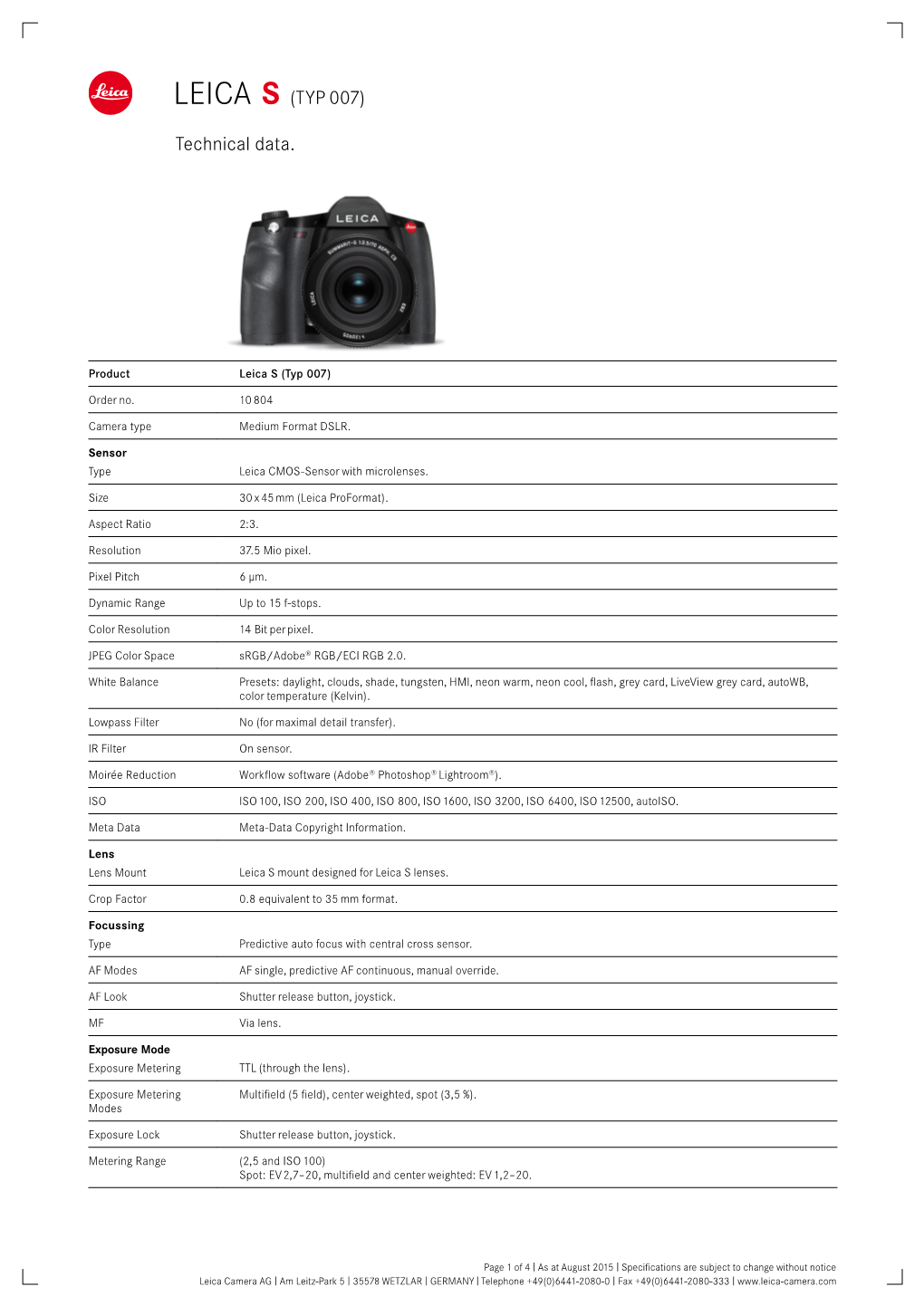 LEICA S (TYP 007) Technical Data