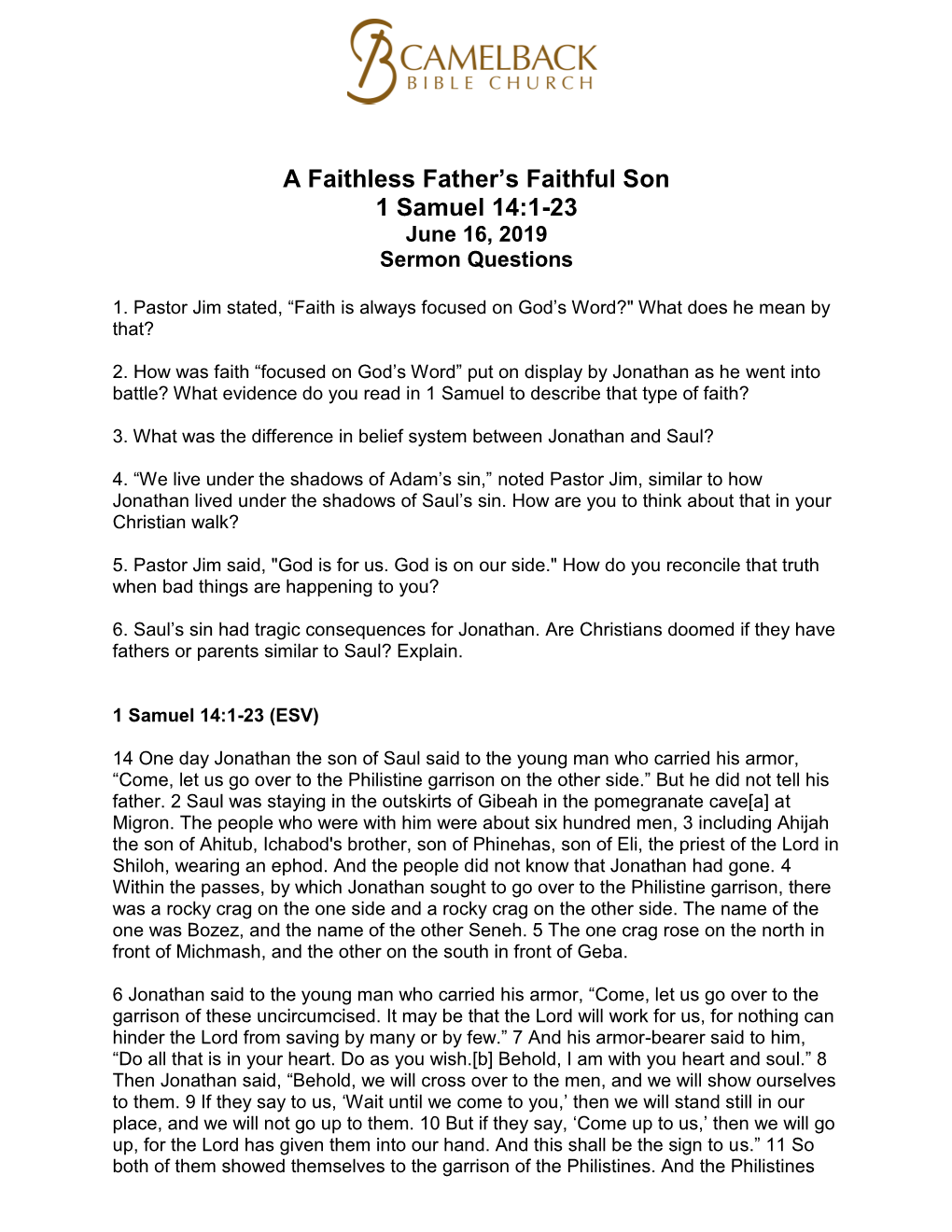 A Faithless Father's Faithful Son 1 Samuel 14:1-23