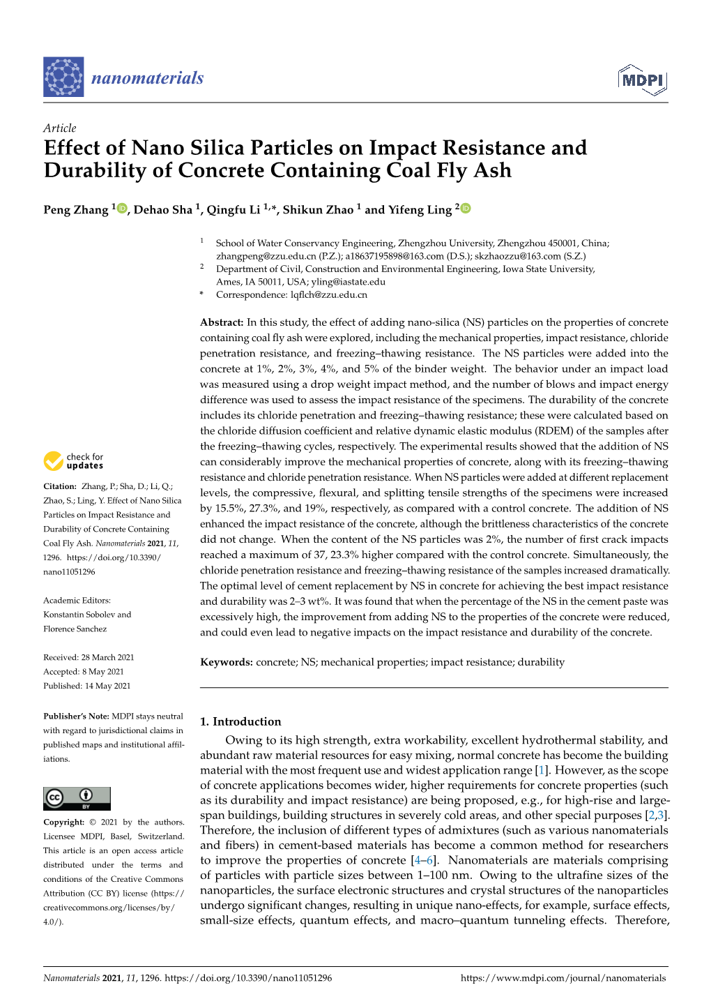 Effect of Nano Silica Particles on Impact Resistance and Durability of Concrete Containing Coal Fly Ash