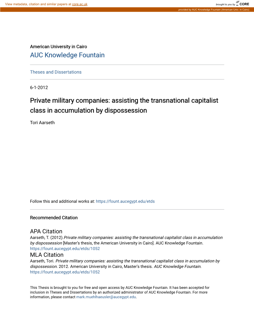 Private Military Companies: Assisting the Transnational Capitalist Class in Accumulation by Dispossession