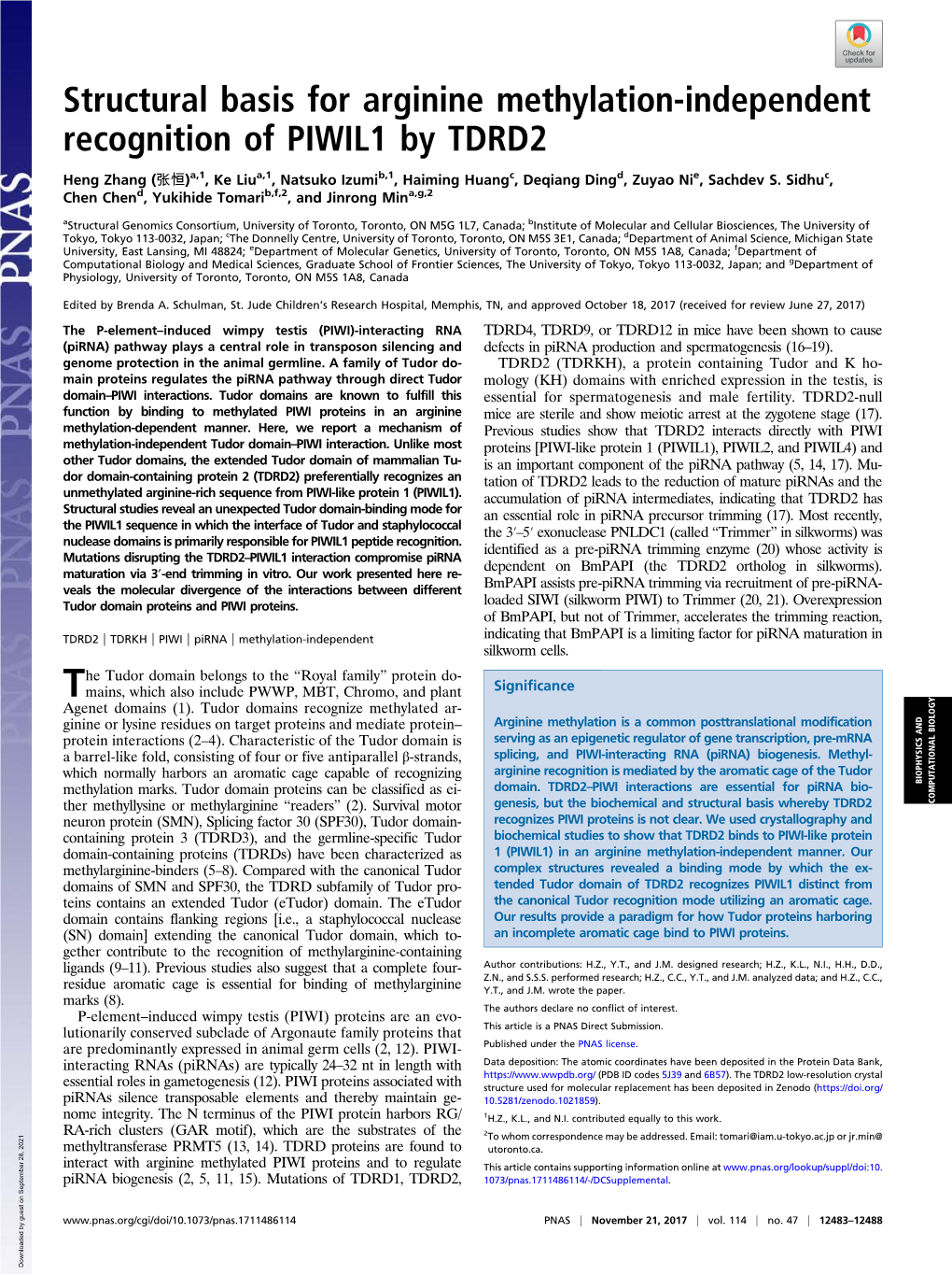 Structural Basis for Arginine Methylation-Independent Recognition of PIWIL1 by TDRD2