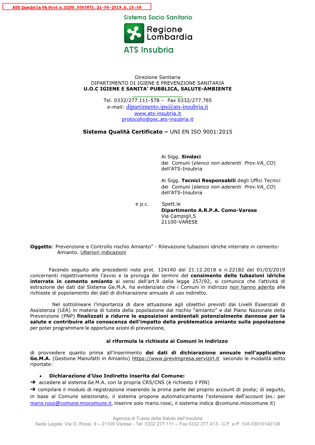 E-Mail: Dipartimento.Ips@Ats-Insubria.It Protocollo@Pec.Ats-Insubria.It