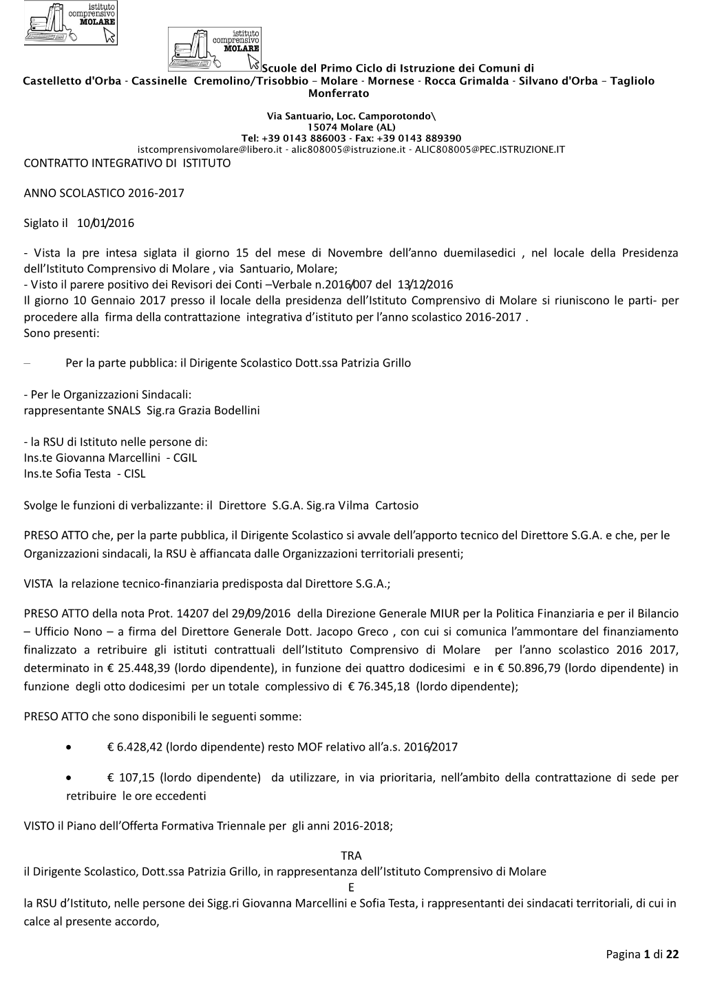 Pagina 1 Di 22 CONTRATTO INTEGRATIVO DI ISTITUTO ANNO