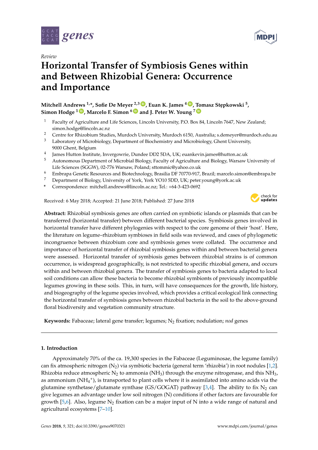 Horizontal Transfer of Symbiosis Genes Within and Between Rhizobial Genera: Occurrence and Importance