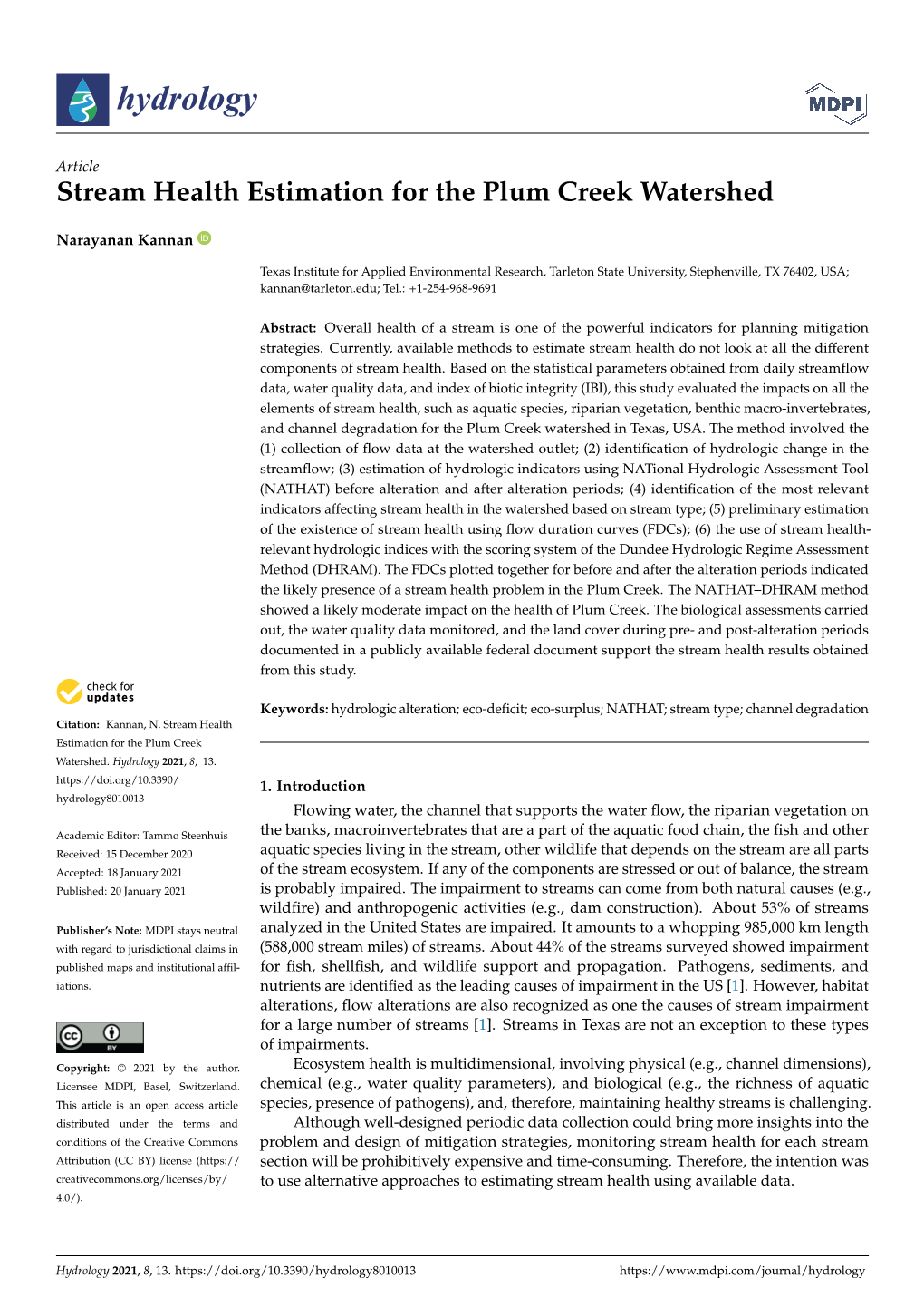 Stream Health Estimation for the Plum Creek Watershed