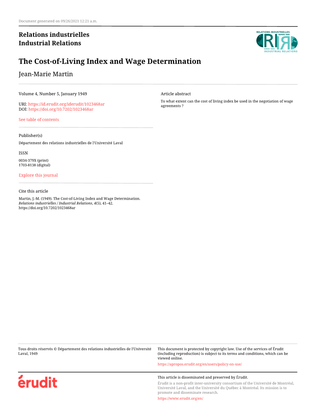 The Cost-Of-Living Index and Wage Determination Jean-Marie Martin