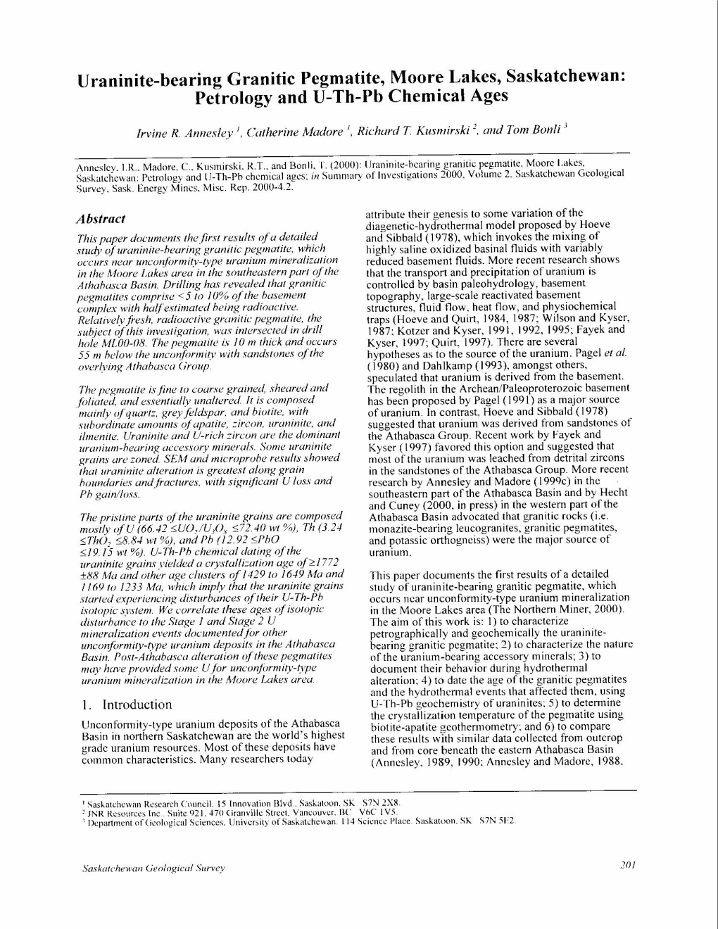 Uraninite-Bearing Granitic Pegmatite, Moore Lakes, Saskatchewan: Petrology and U-Th-Pb Chemical Ages