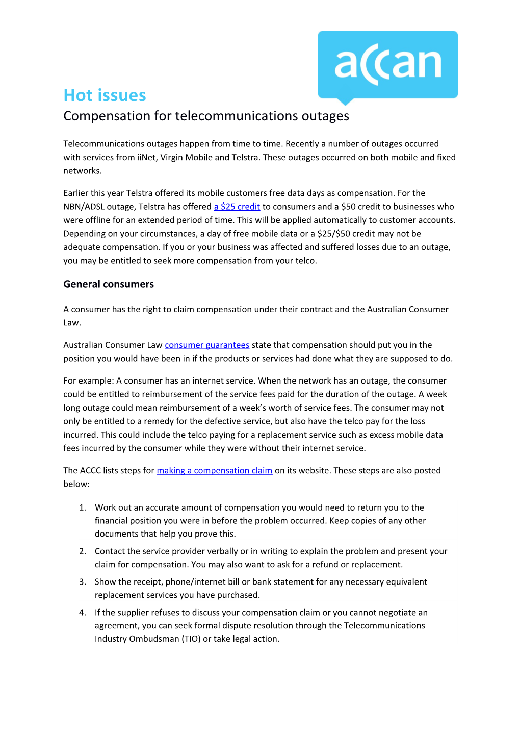 Compensation for Telecommunications Outages