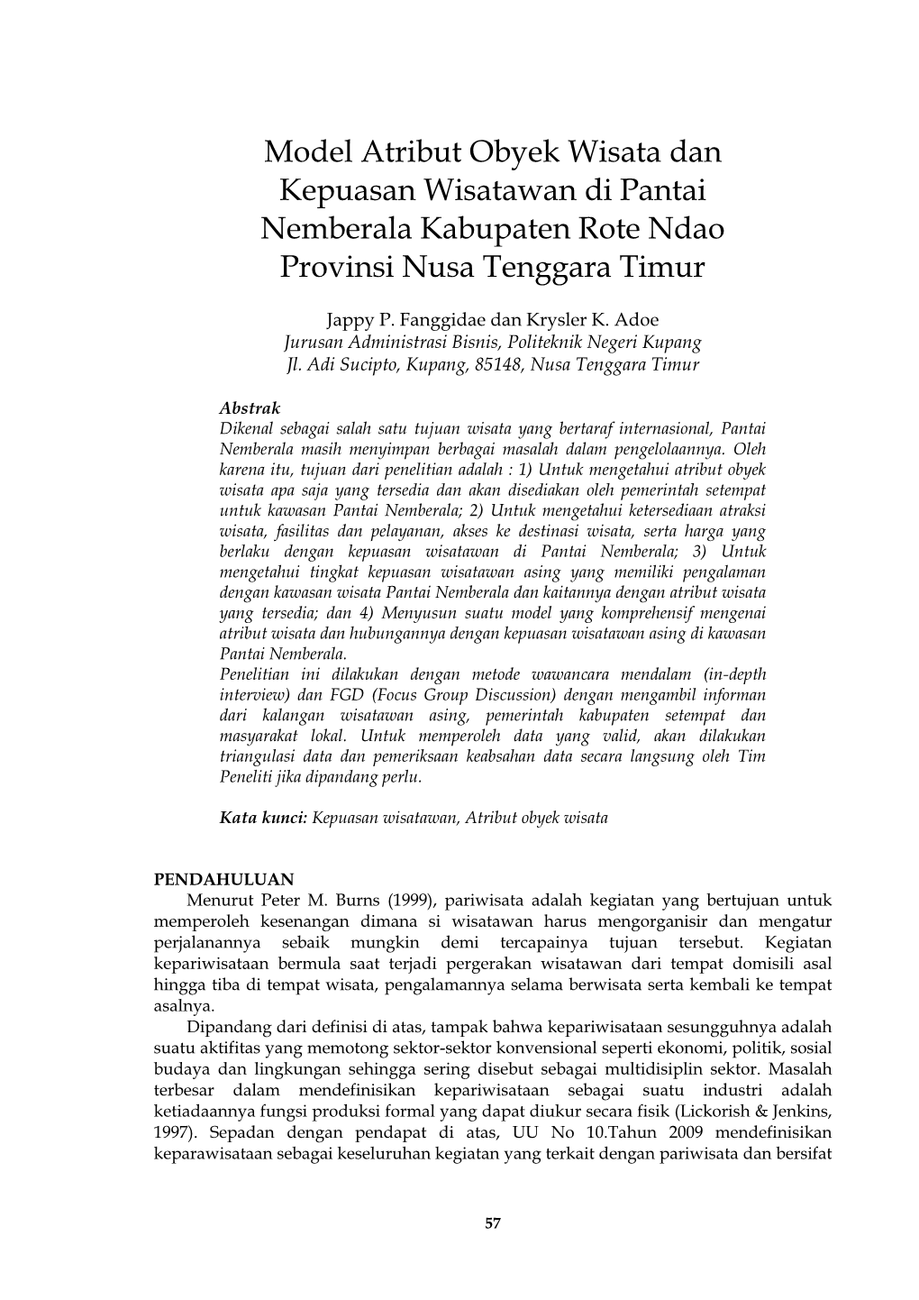 Model Atribut Obyek Wisata Dan Kepuasan Wisatawan Di Pantai Nemberala Kabupaten Rote Ndao Provinsi Nusa Tenggara Timur