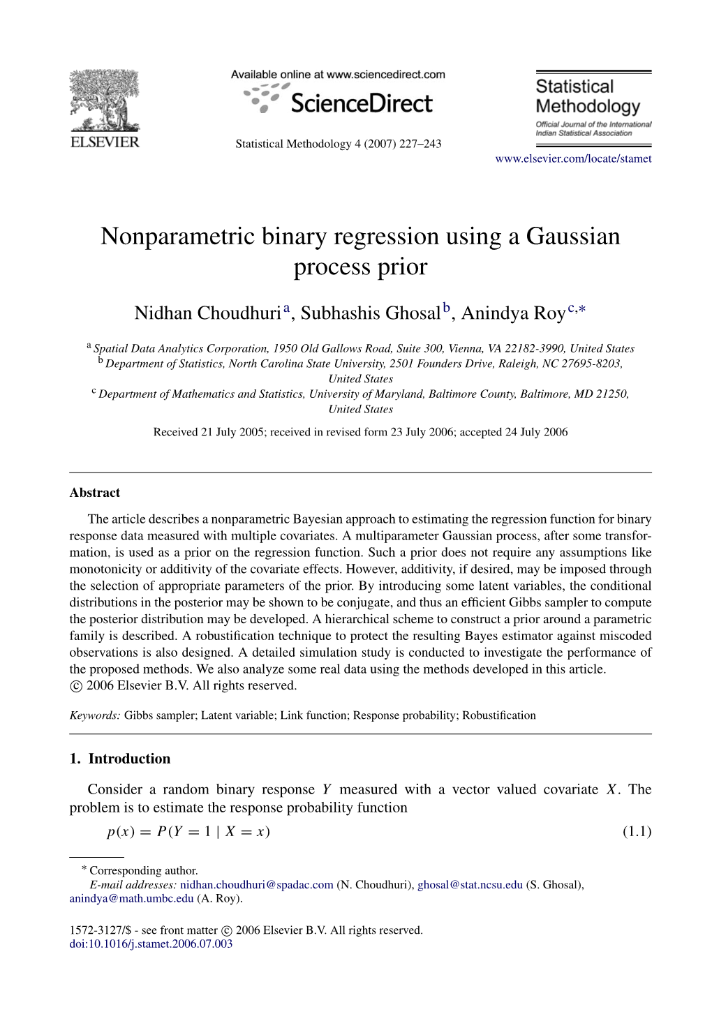 Nonparametric Binary Regression Using a Gaussian Process Prior